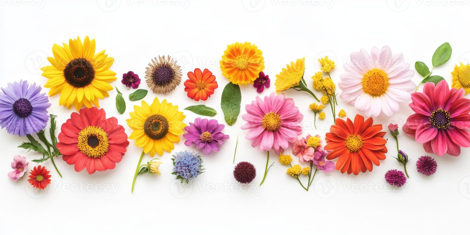 A bright and vibrant arrangement of a diverse range of spectacular flowers including cheerful sunflowers, delightful daisies, and many more varieties, making it perfect for springthemed designs photo
