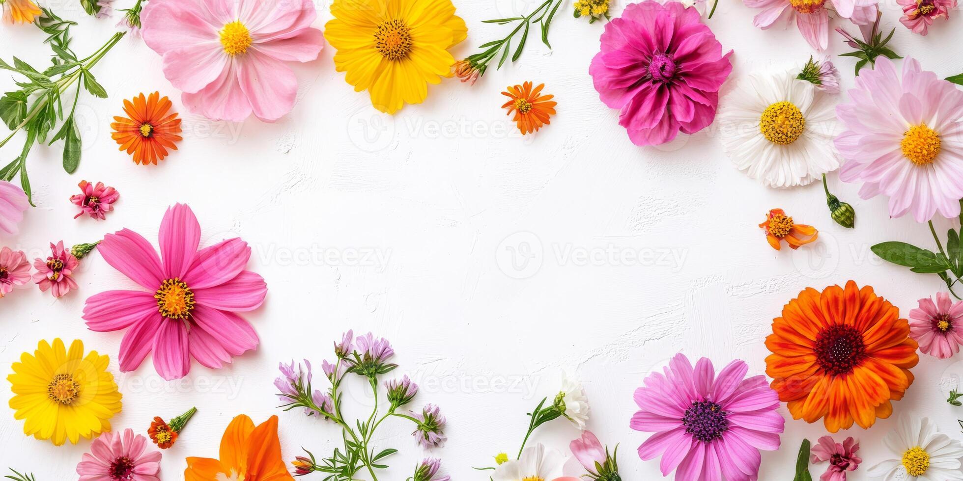 A vibrant and captivating arrangement of a variety of assorted flowers beautifully framing a blank space, making it incredibly perfect for invitations, greeting cards, or any naturethemed designs photo