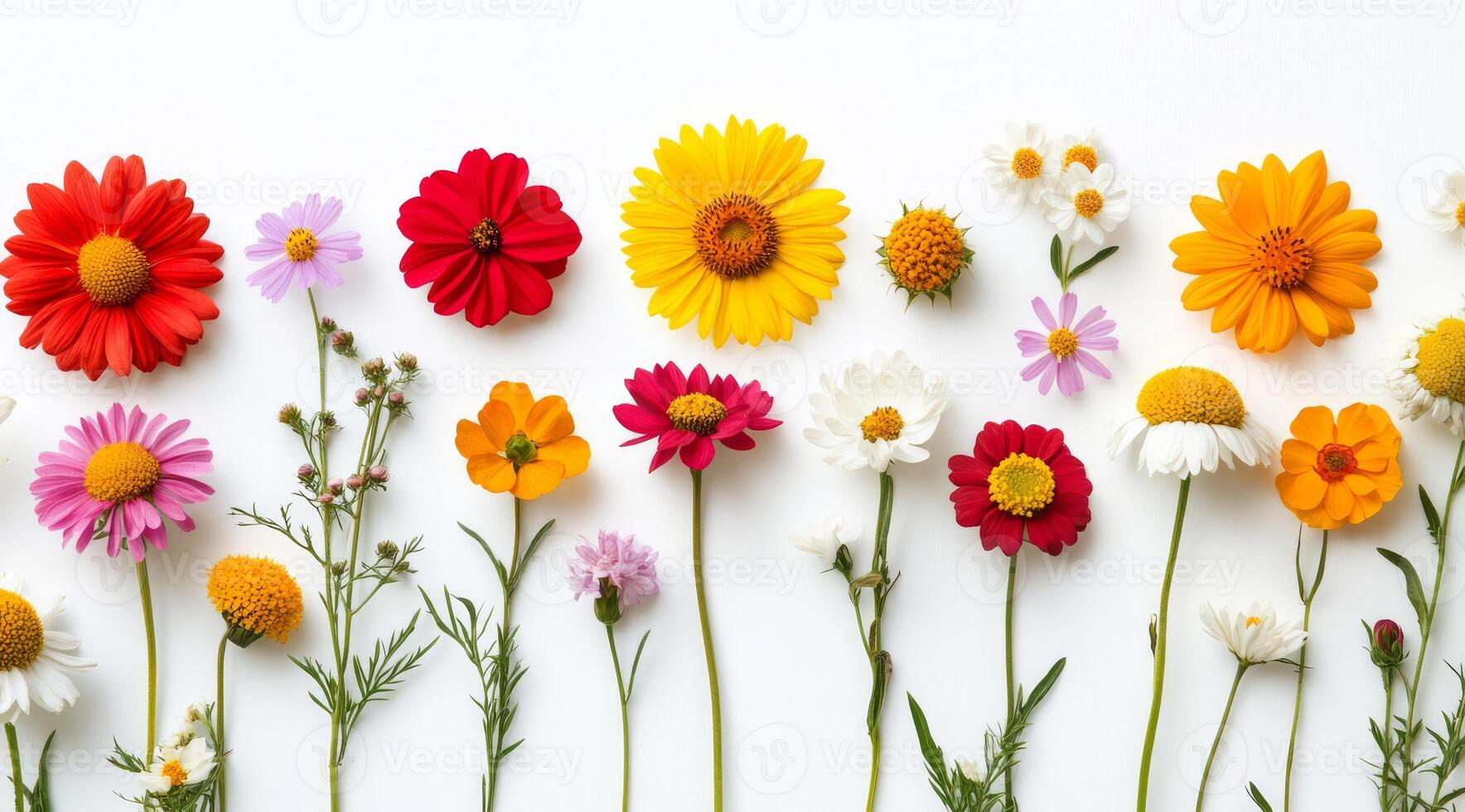 A vibrant and colorful assortment of wildflowers is artistically arranged beautifully against a clear backdrop photo