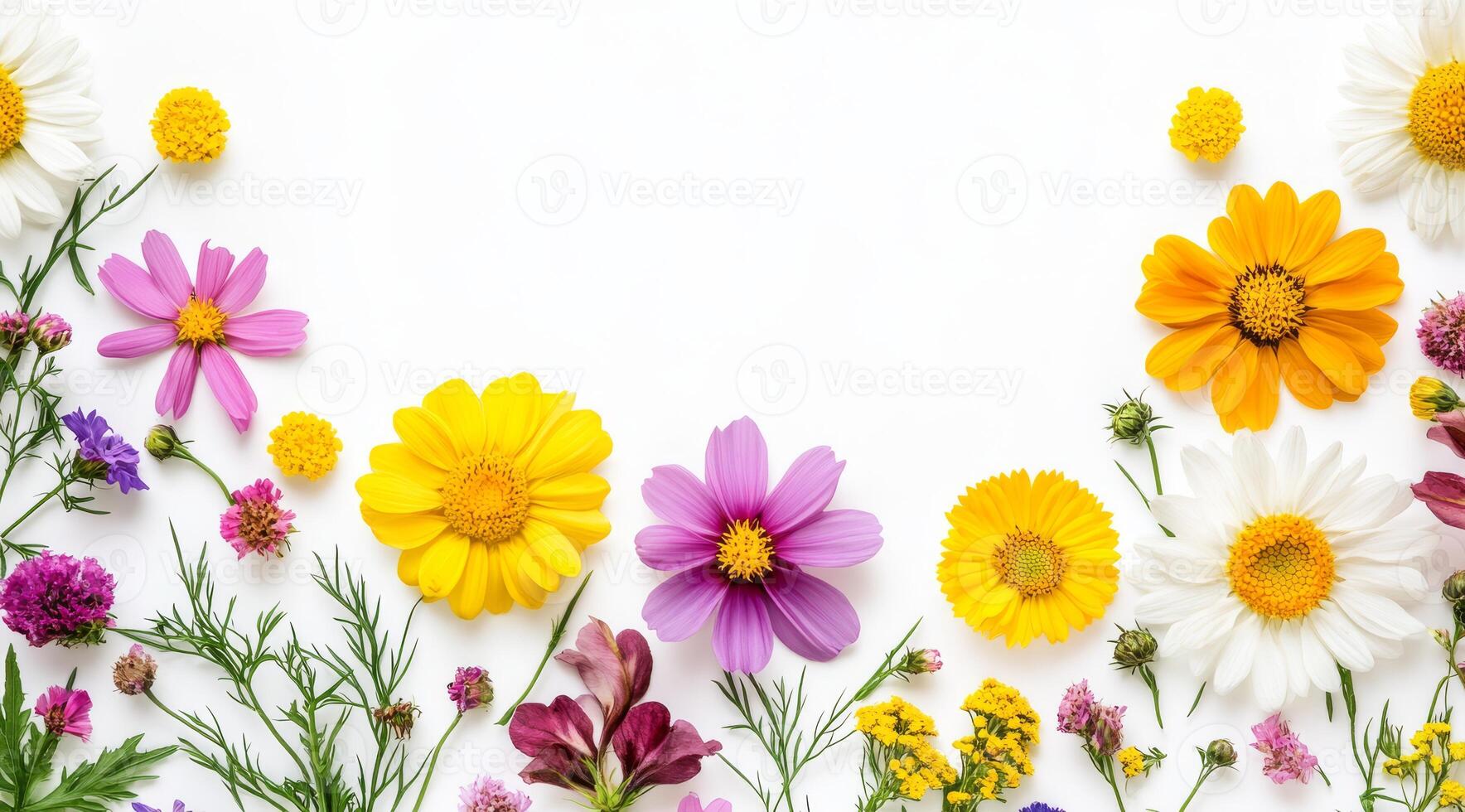 A wonderfully cheerful and vibrant array of colorful flowers, arranged beautifully in a delightful manner, providing ample copy space for creativity and artistic expression to flourish and inspire photo