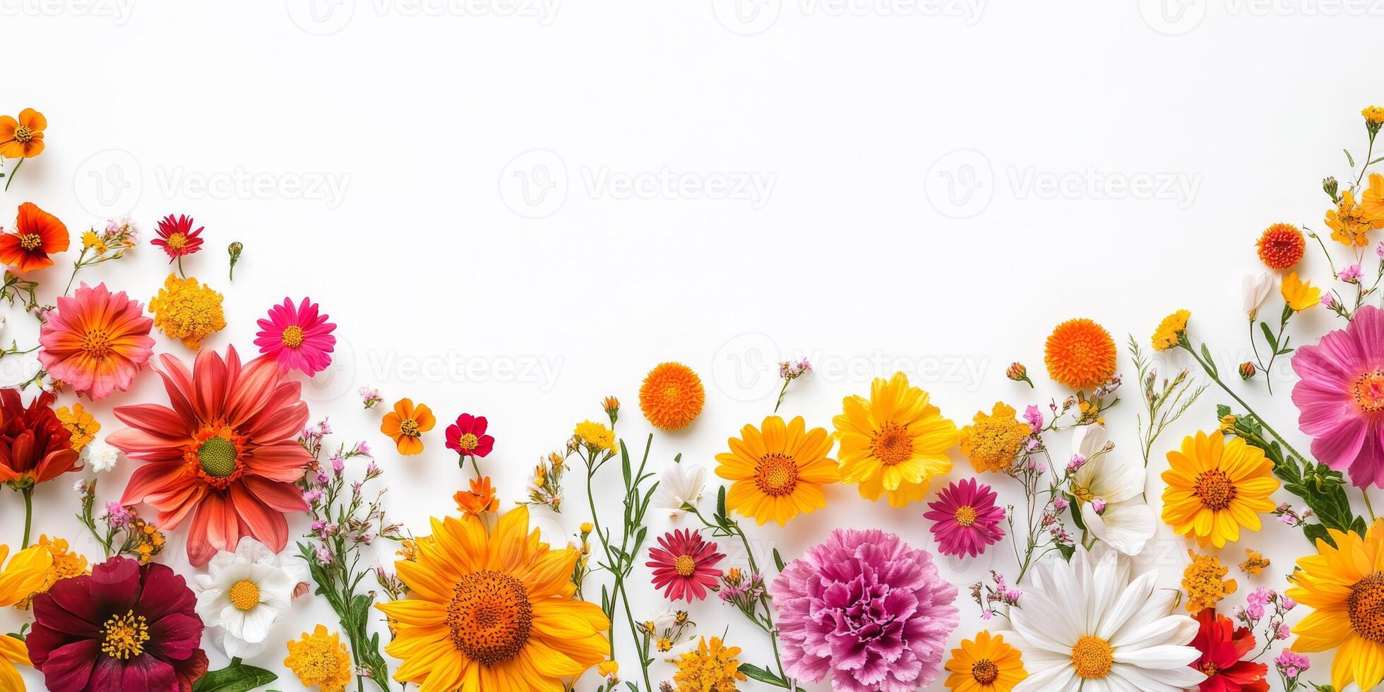 This vibrant and colorful flower arrangement beautifully forms a stunning border that enhances various designs and adds a cheerful touch, while also leaving ample space for your desired text copy photo