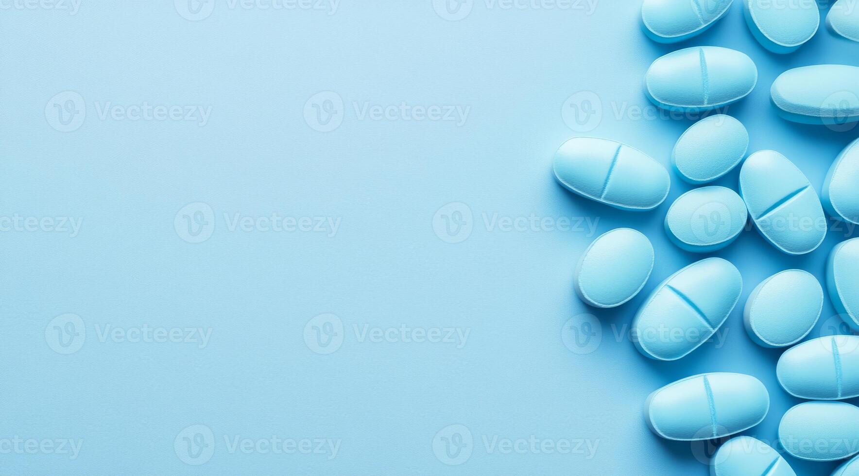 A visually appealing collection of blue pills on a light blue background, ideal for health content. Theres ample space for custom text or branding, making it versatile for various uses photo