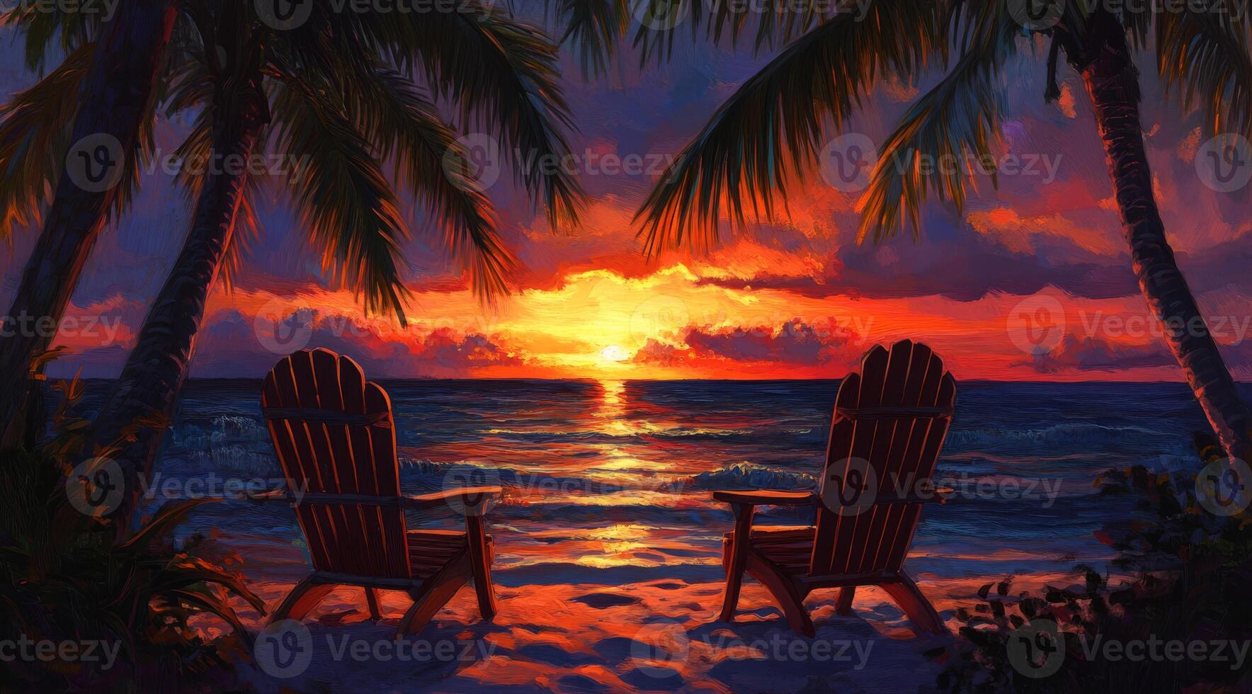 At the beach, we relax in chairs, enjoying a serene sunset framed by palm trees and calming ocean waves photo