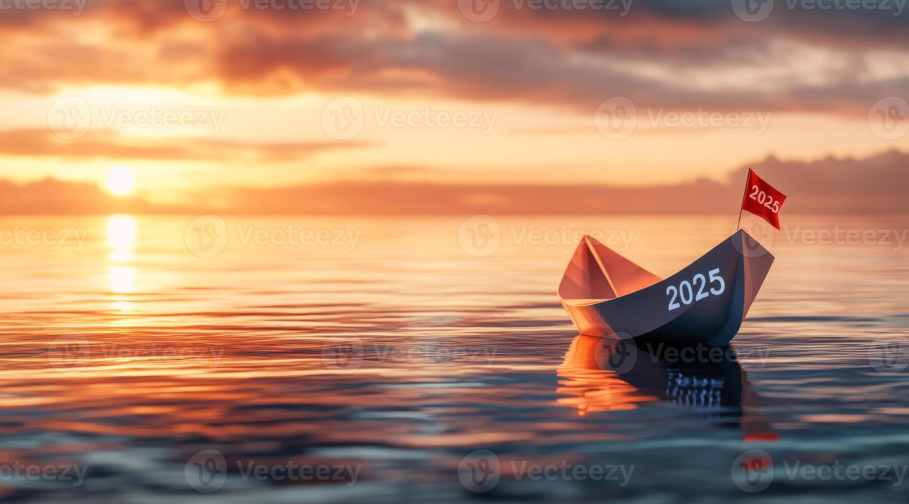 A paper boat with a flag and '2025' sails into a serene sunset, symbolizing hope and new beginnings. photo