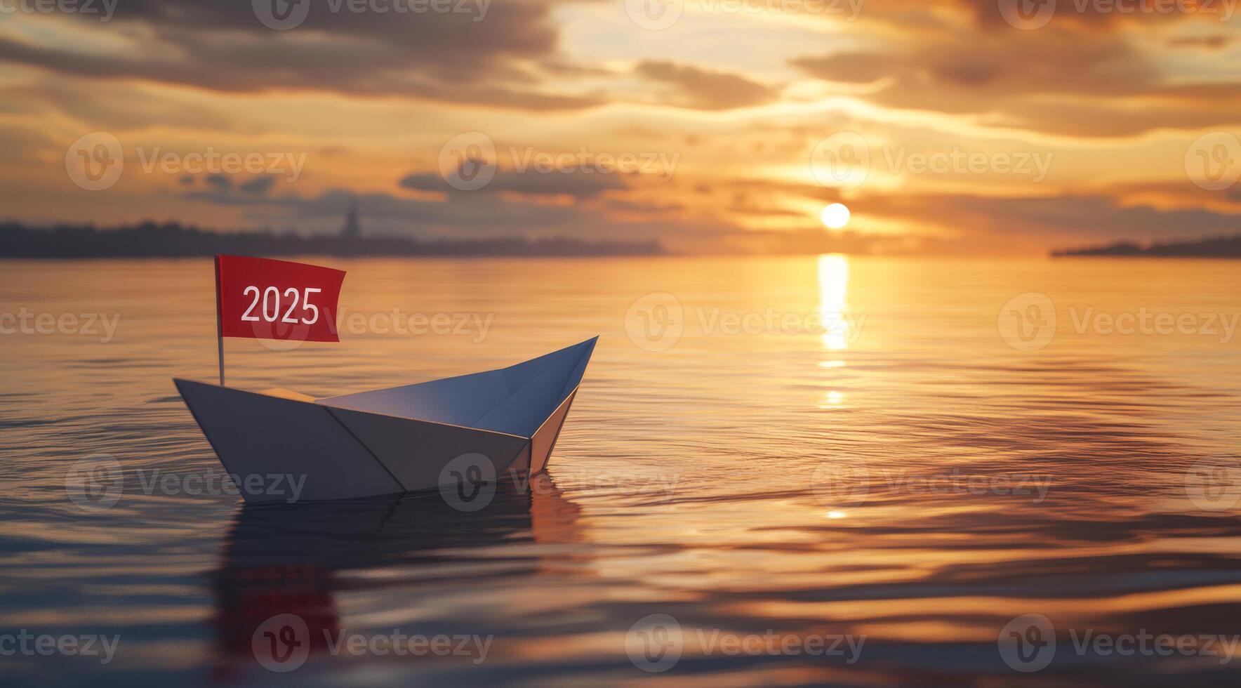 A serene paper boat gracefully sailing toward the distant horizon, symbolizing dreams and aspirations for the year 2025 photo