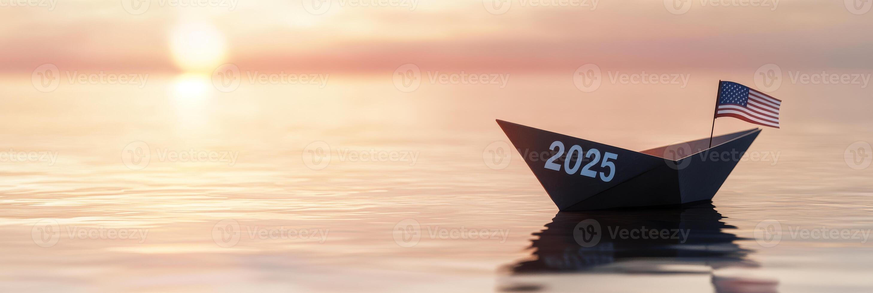 A tranquil sunset shows a paper boat marked 2025 with an American flag waving in the gentle breeze photo