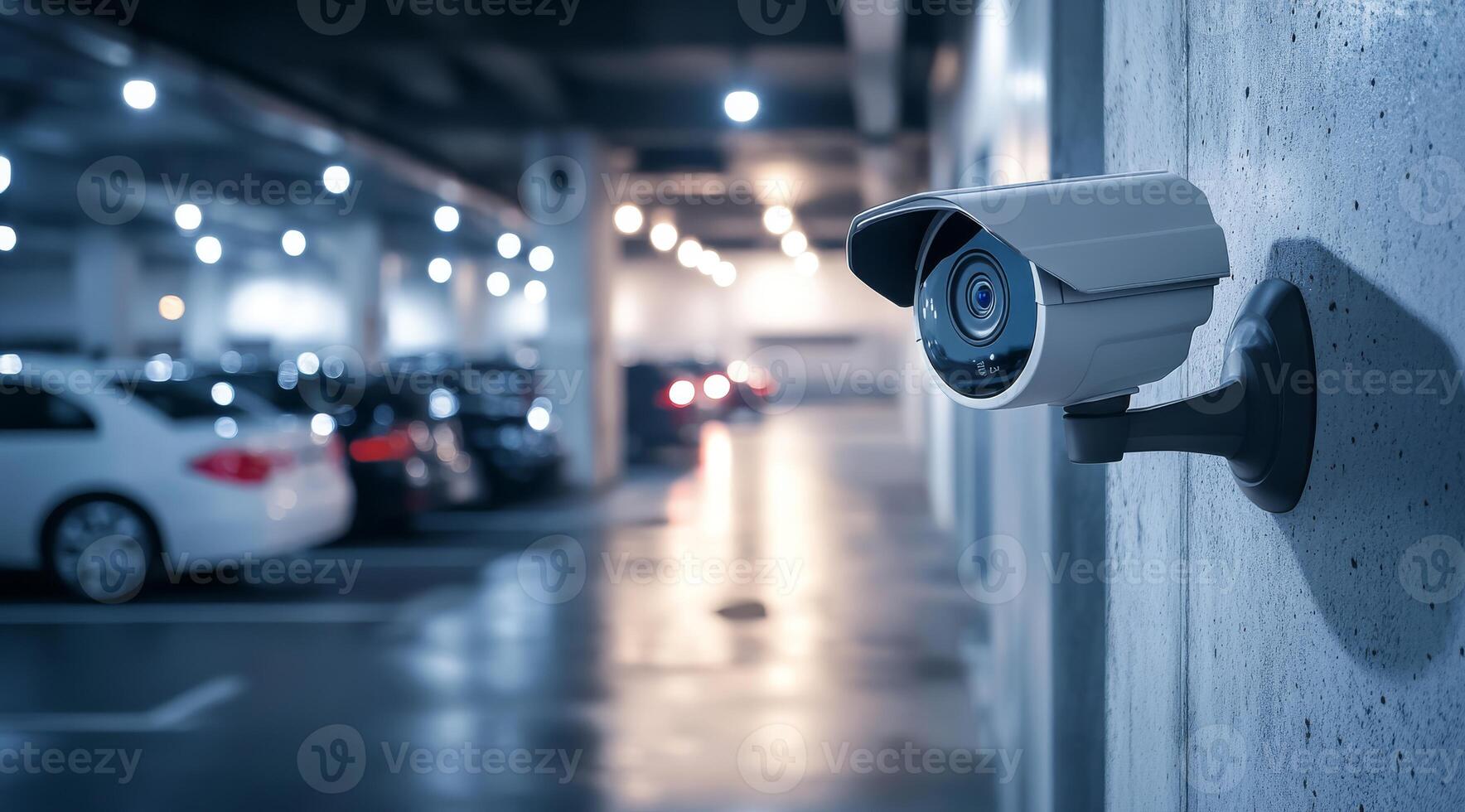 An advanced IP security camera monitors a welllit parking area, ensuring safety for vehicles and people with thorough, uninterrupted surveillance using the latest market technology photo
