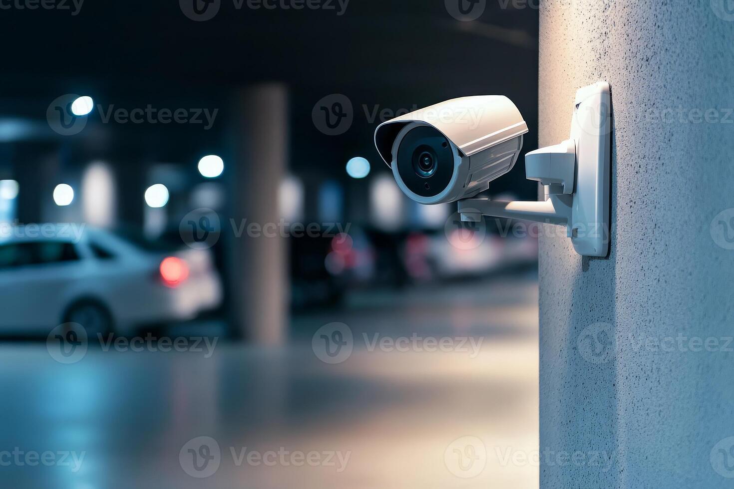 Discover a sophisticated and sleek IP security camera that is strategically mounted in a dimly lit parking area, providing essential safety and surveillance for vehicles, enhancing security measures photo