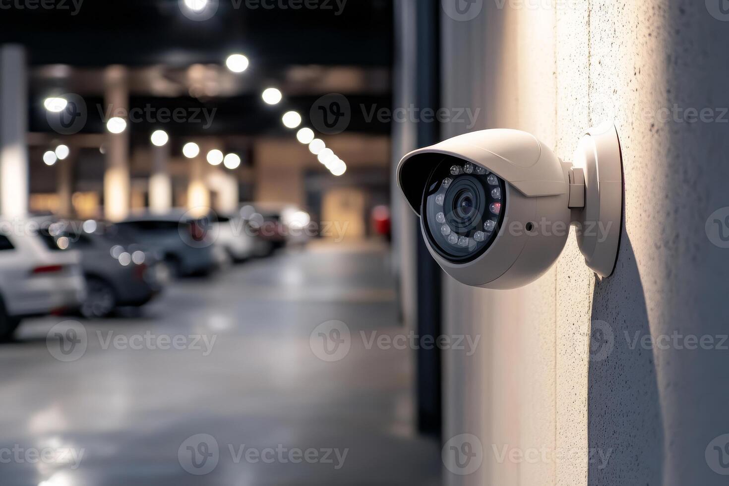 A stateoftheart hightech IP security camera is actively monitoring an illuminated parking garage, ensuring the utmost safety and surveillance within a modern facility designed for security photo