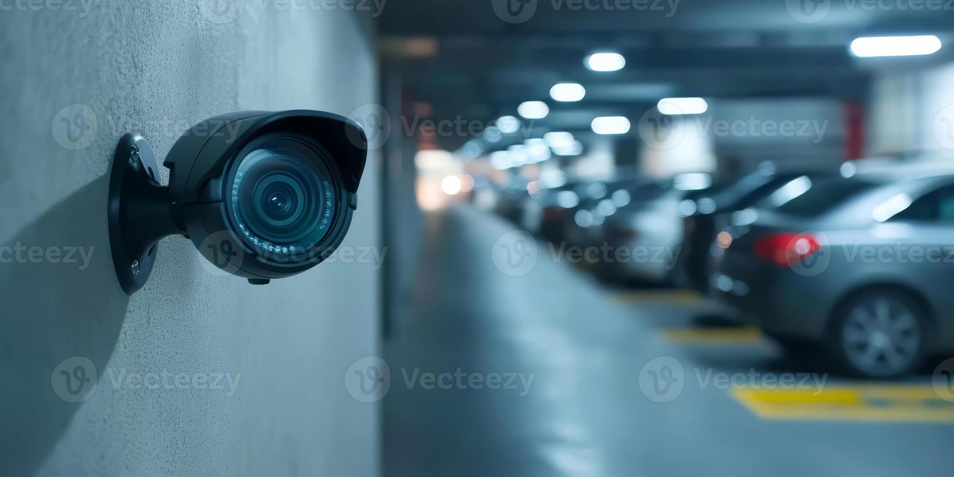Explore a sleek IP security camera installed in a contemporary parking garage, ensuring safety and surveillance in urban areas photo