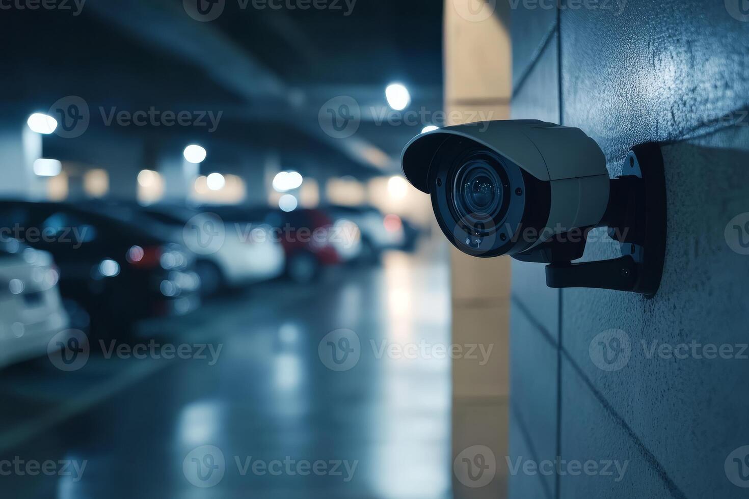 A sophisticated, hightech IP security camera is strategically mounted in a welllit parking structure, ensuring optimal safety and providing effective surveillance of all parked cars in the area photo