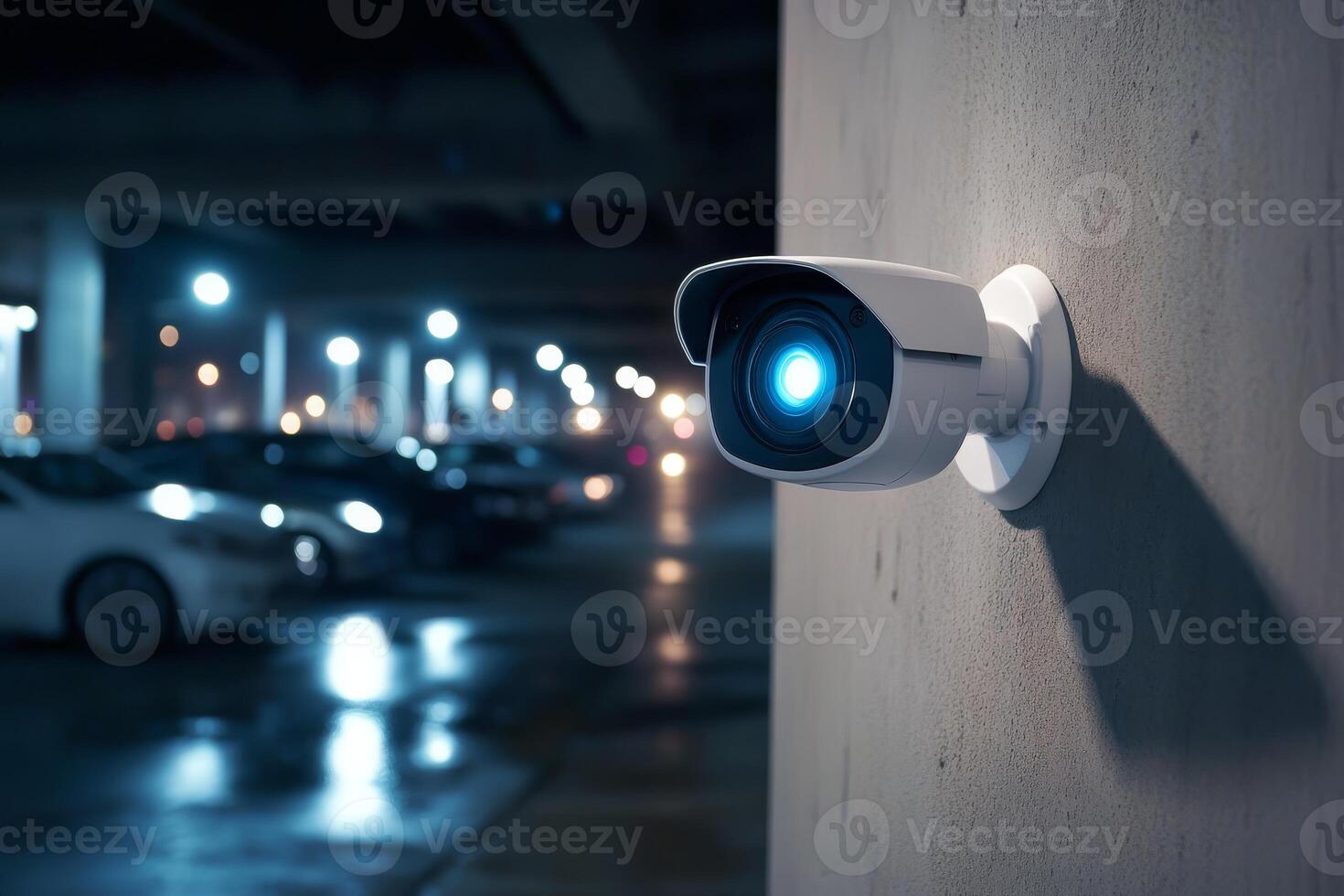 A contemporary IP security camera is strategically mounted in a dimly lit parking garage, providing essential surveillance and safety for both vehicles and pedestrians in that area photo
