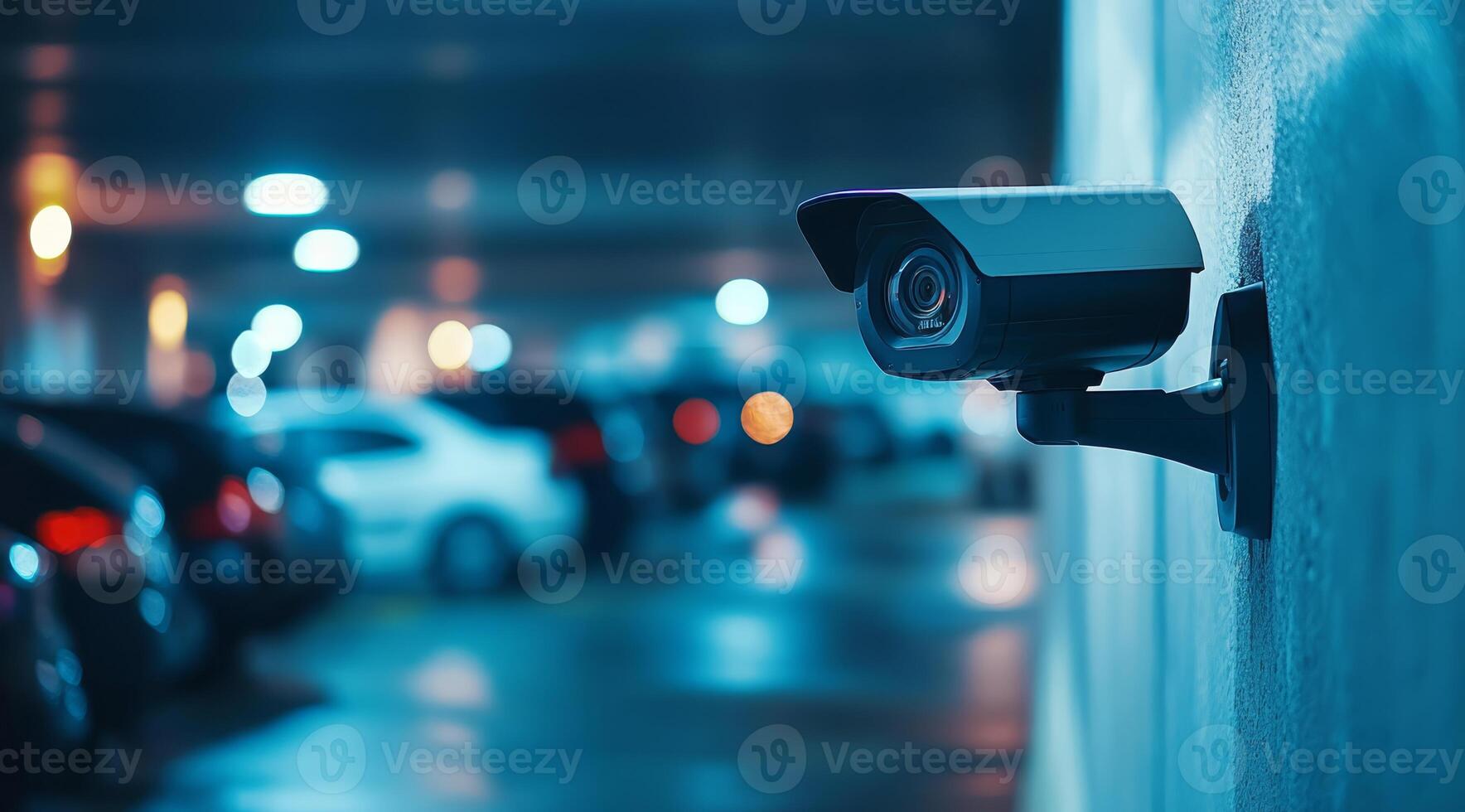 This image effectively highlights a modern IP security camera that has been installed in a parking garage, ensuring the safety and security as well as effective surveillance for all vehicles present photo