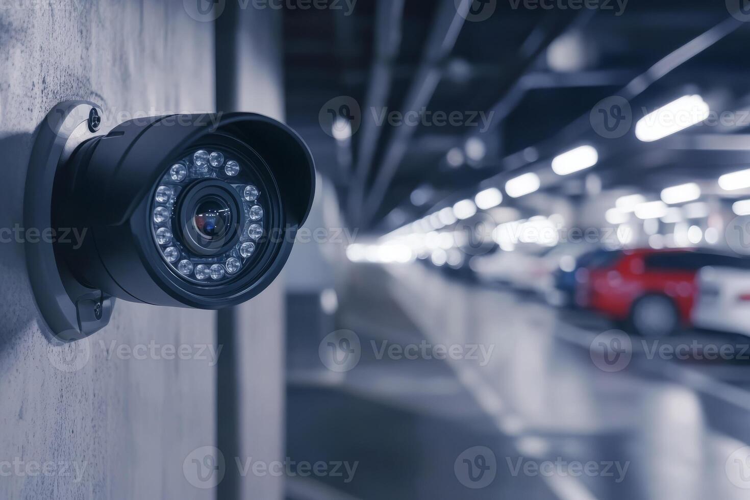 A sleek and ultramodern IP security camera is strategically positioned in a parking garage, effectively ensuring safety and thorough surveillance in a welllit environment for all who enter photo