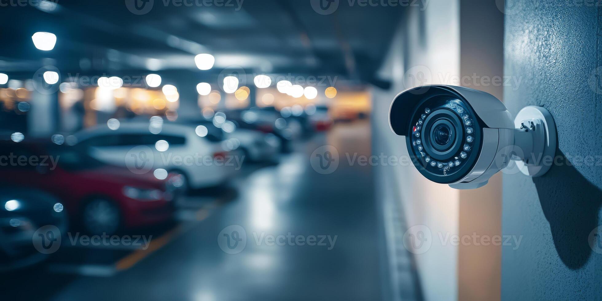 A modern and advanced IP security camera is strategically positioned in a parking garage, effectively ensuring safety and providing constant surveillance in a welllit environment for added security photo
