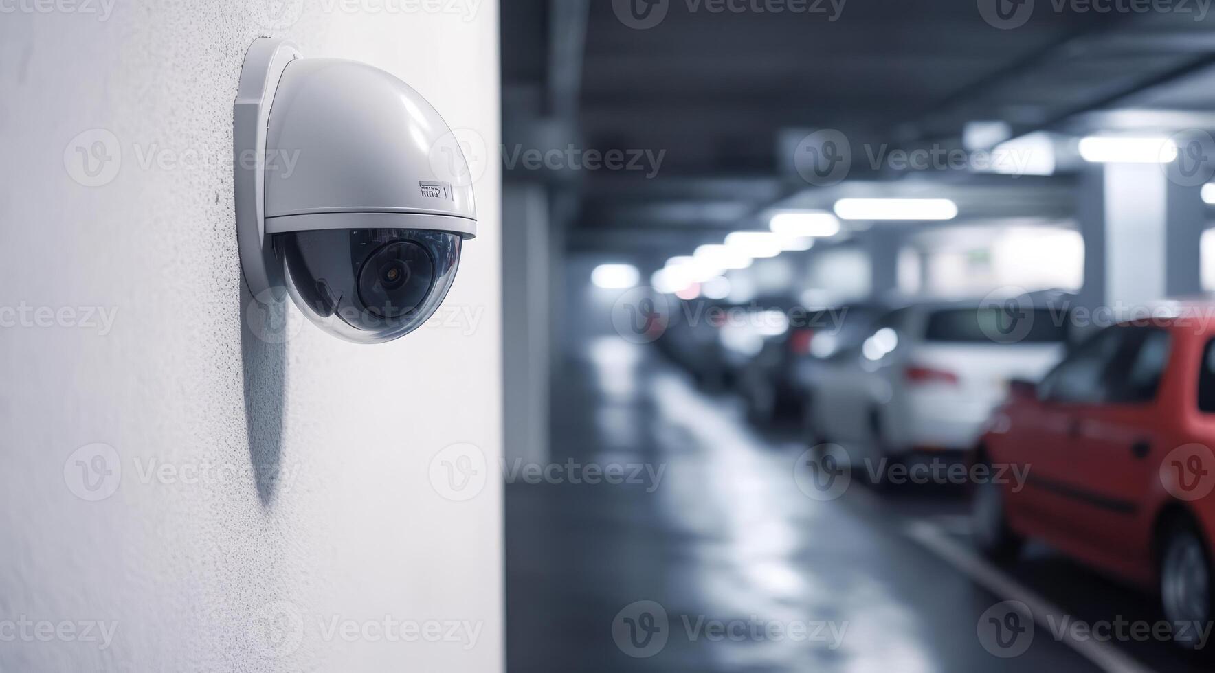 An advanced IP security camera monitors a modern parking facility, ensuring safety and effective surveillance of vehicles and pedestrians to prevent potential incidents or accidents photo