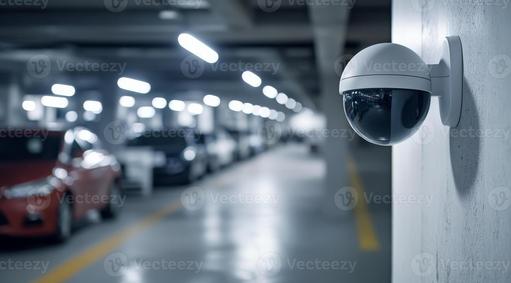 A stateoftheart hightech IP security camera has been expertly installed in a parking garage, actively monitoring the area to provide enhanced safety and improve surveillance capabilities photo