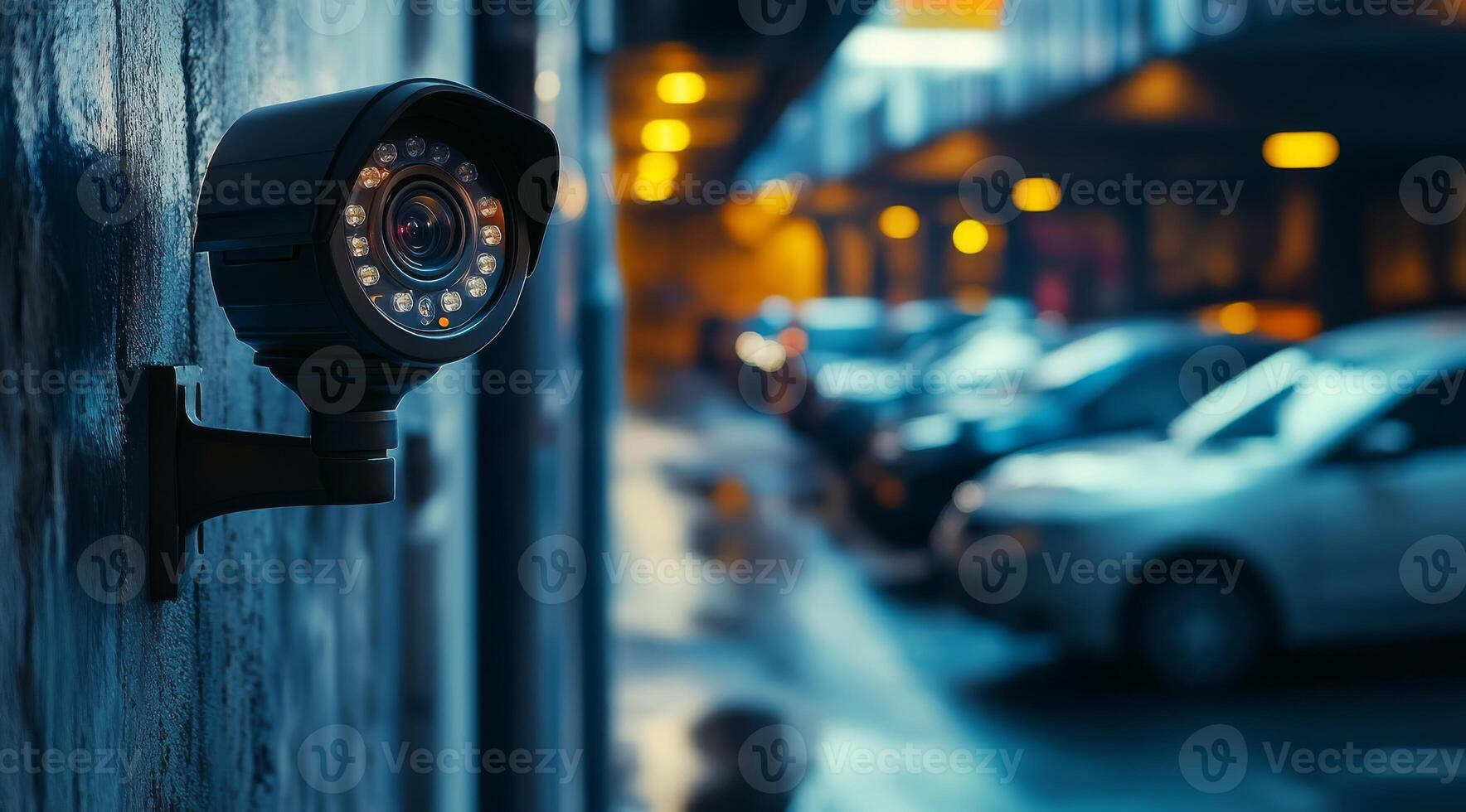 A sleek and modern IP security camera actively monitors the parking lot, providing comprehensive surveillance and ensuring topnotch safety for both vehicles and pedestrians, day and night photo