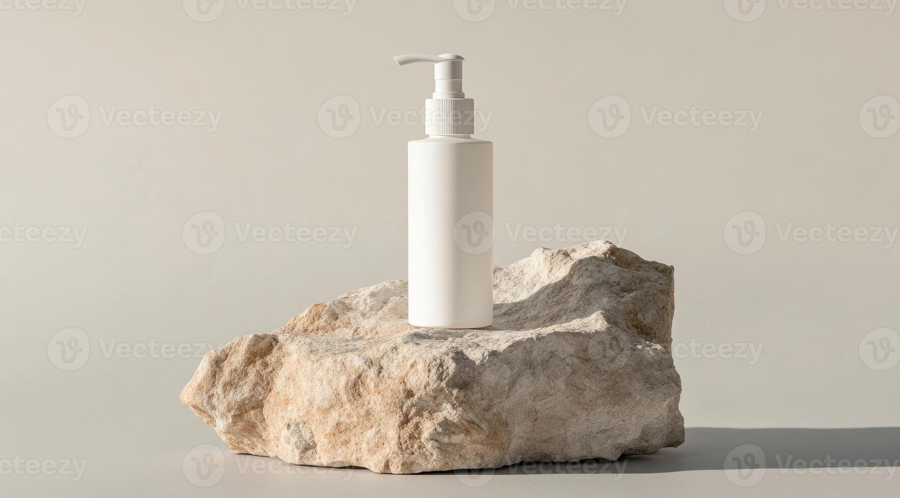 A stylish white pump bottle on a natural rock displays beverages, lotions, or cosmetics in a refined minimalist style, captivating the eye and highlighting the beauty of the products photo