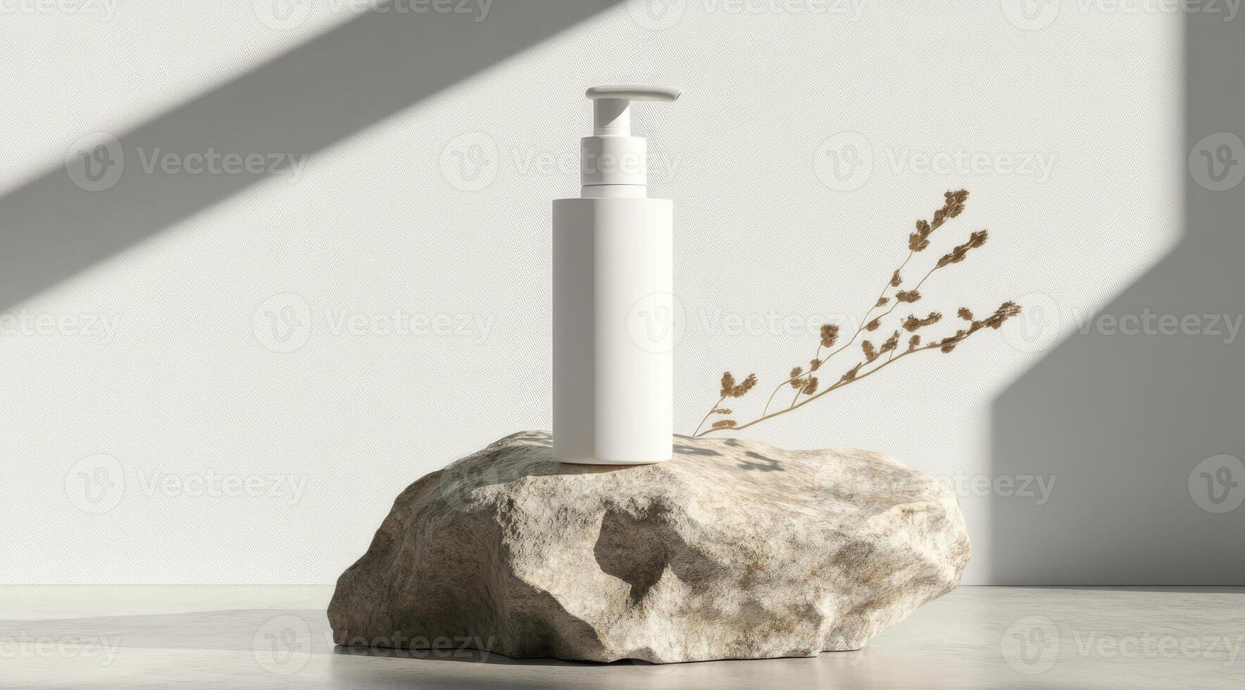 This mockup features a stylish white pump bottle on a rock, ideal for showcasing lotions, beverages, or skincare. The minimalist background enhances its aesthetic, perfect for branding and promotions photo