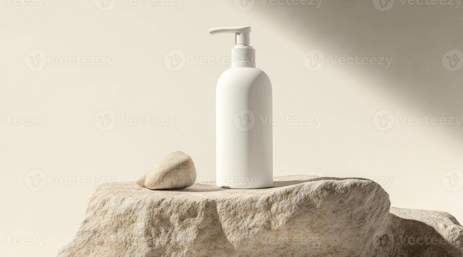 This stylish white pump bottle mockup is ideal for showcasing lotions or beverages in a visually appealing manner, elegantly presented on a textured stone surface that enhances its aesthetic appeal photo
