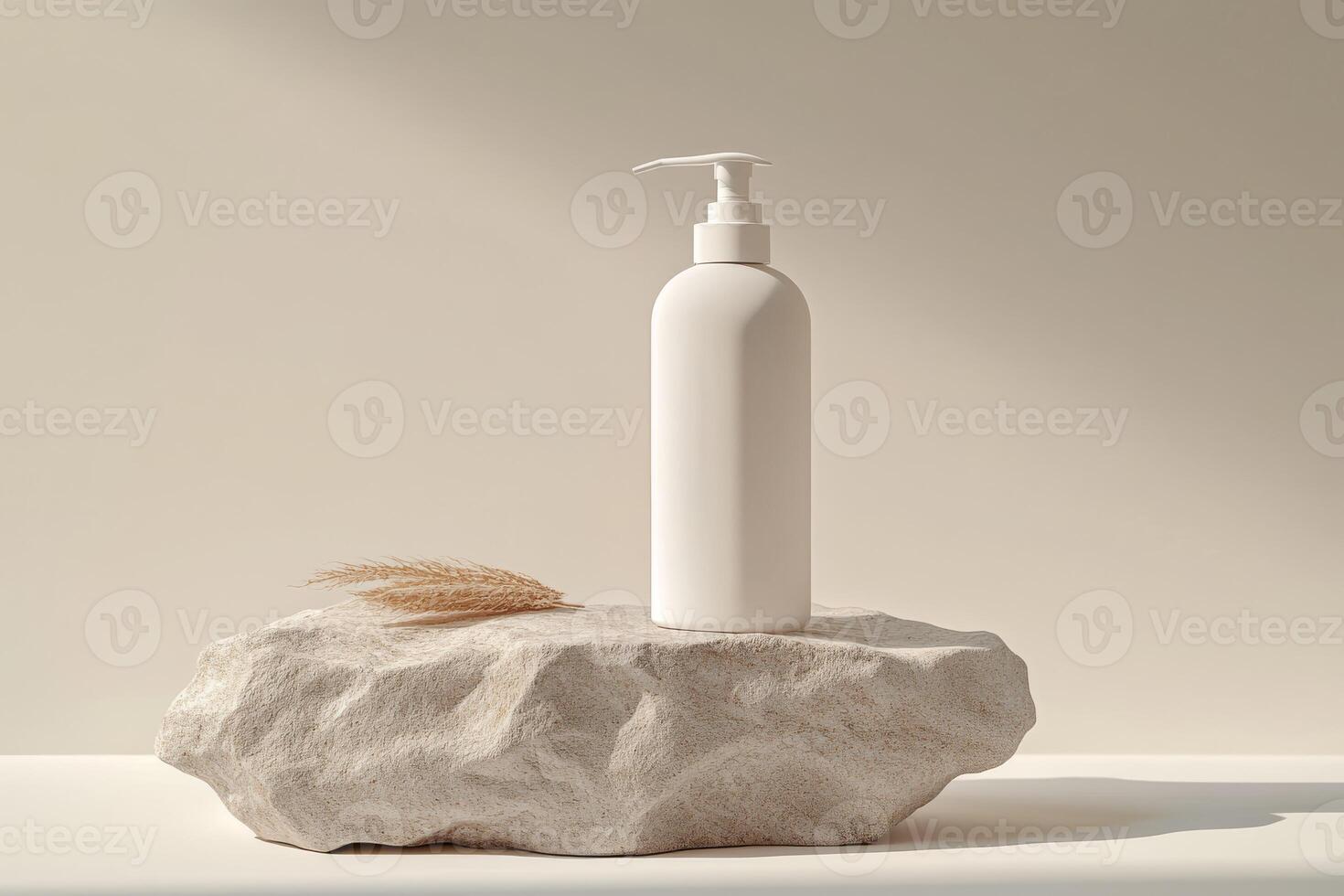 Showcase your amazing product with this sleek and minimalist pump bottle mockup, which is perfect for showcasing lotions or beverages, elegantly set on a stylish stone base for a modern touch photo