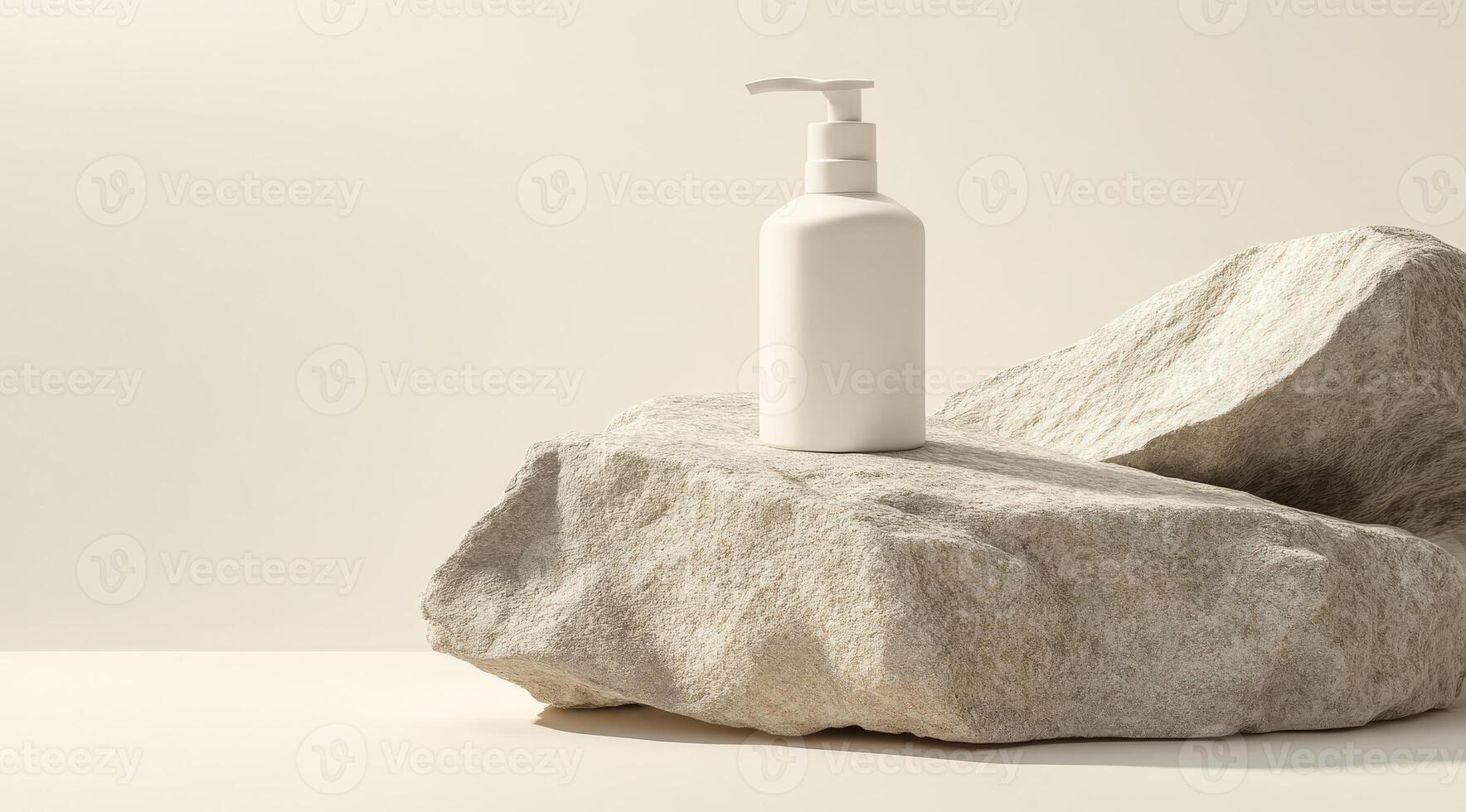 This elegant white pump bottle on a natural stone surface showcases luxurious lotions or beverages, embodying a captivating minimalist aesthetic that enhances the overall presentation photo