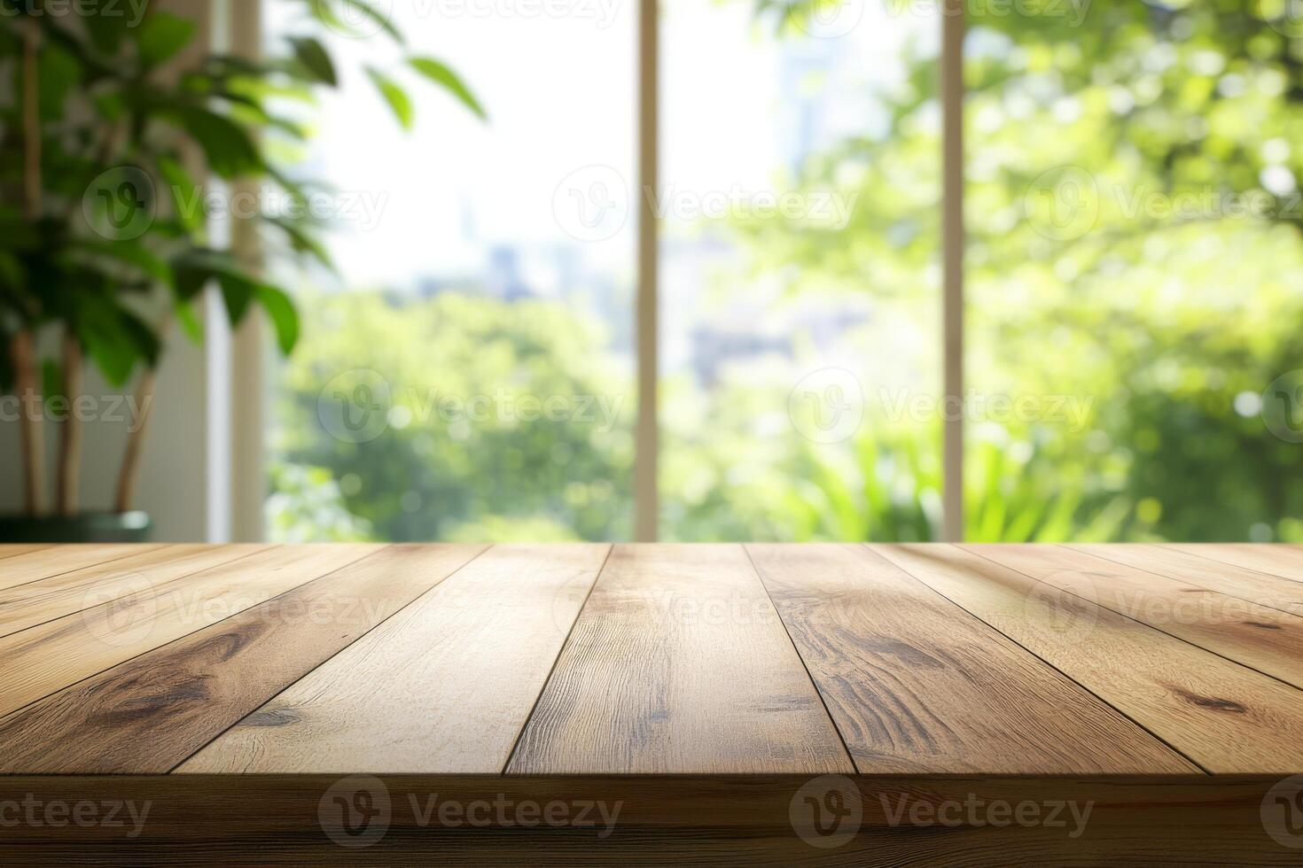 A beautifully crafted wooden table top contrasts with a vibrant garden, showcasing products or decor items to create an engaging presentation that invites interaction and interest photo