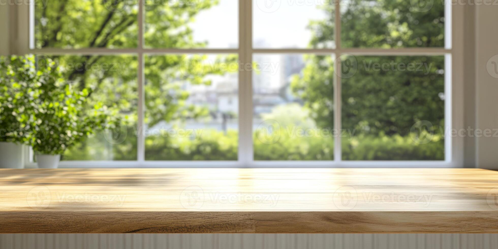 An empty wooden tabletop, elegantly positioned against a softfocused view of a lush green garden, creates the perfect backdrop to showcase products, all while highlighting a natural aesthetic photo