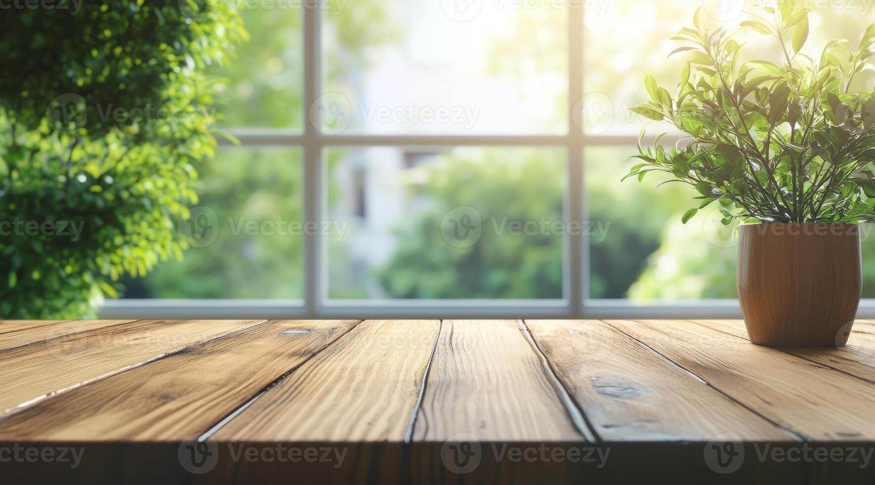 A beautifully serene wooden table top set against a softly blurred green garden background, which creates an ideal atmosphere for product display while showcasing the elegance of natural beauty photo