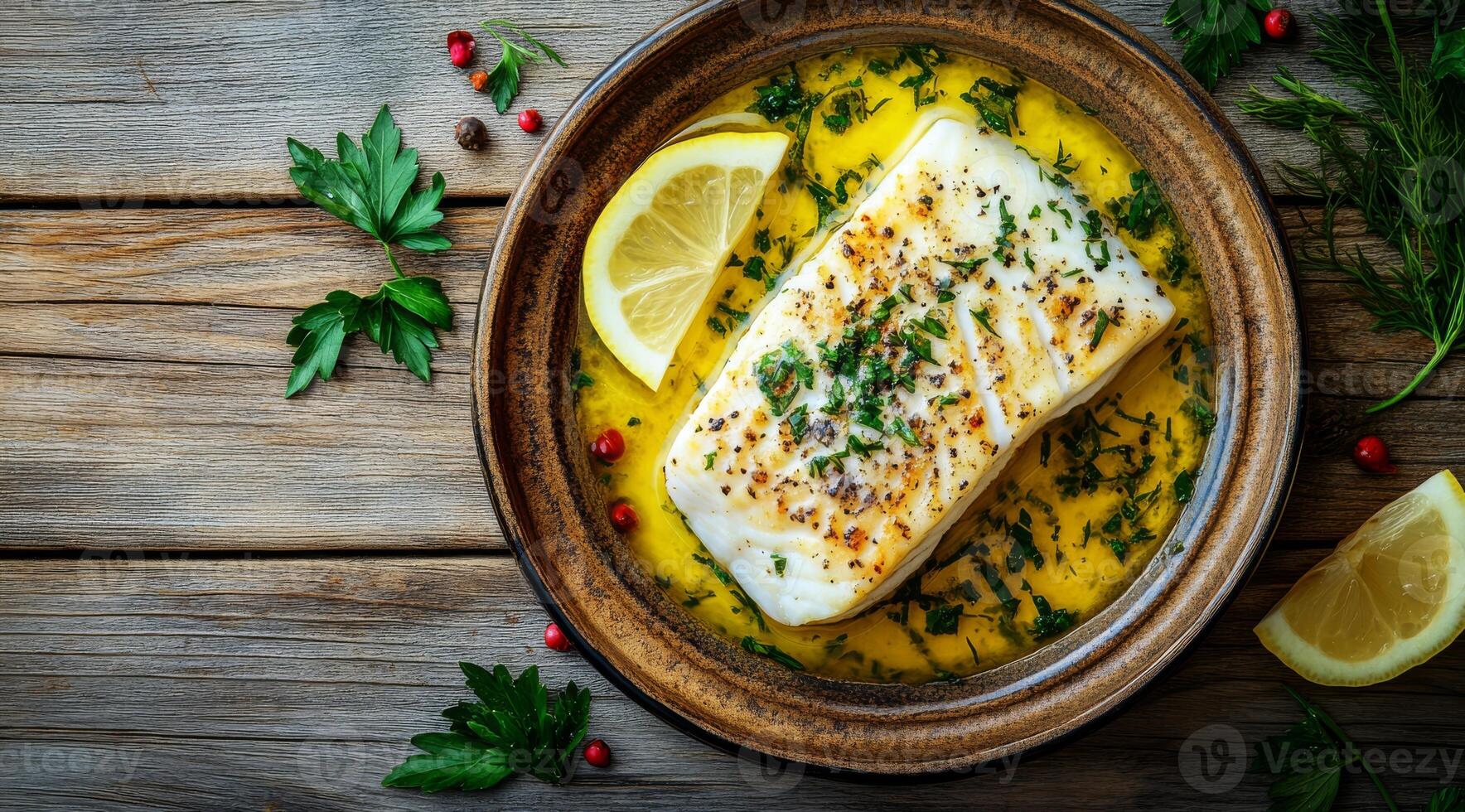 Indulge in a delicious and flavorful steamed cod fillet, beautifully garnished with fresh herbs and vibrant lemon wedges, making it a perfect choice for a healthy and nutritious meal option photo