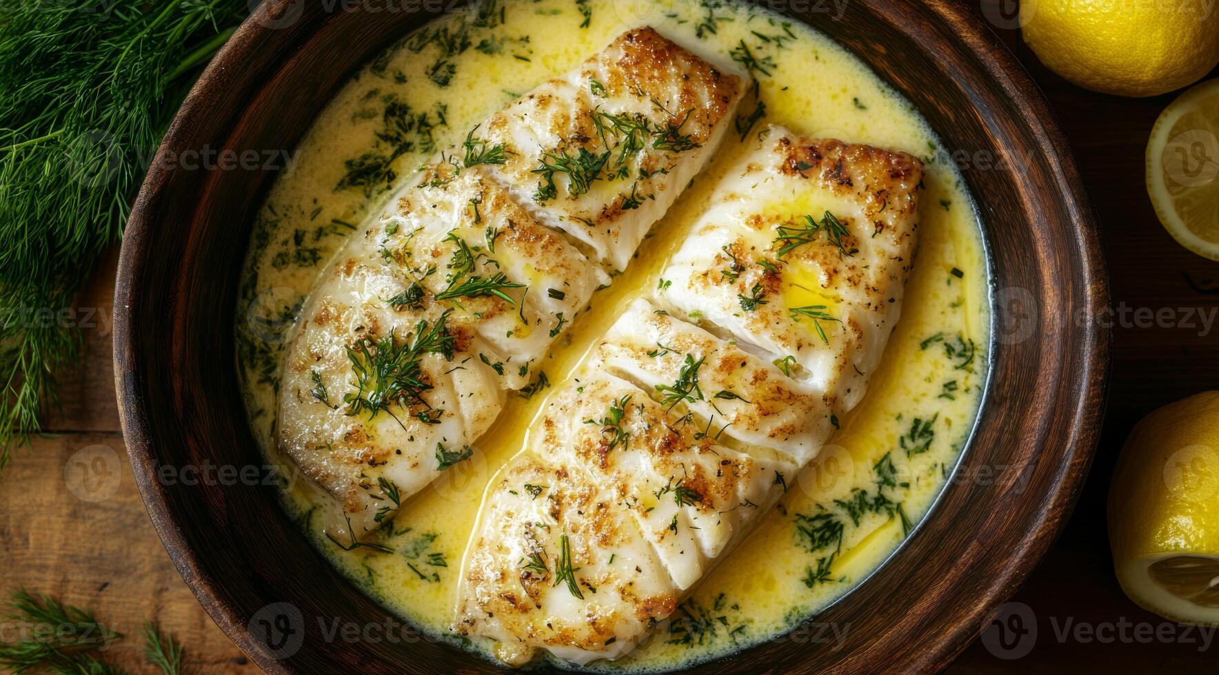 A beautifully succulent top view of a perfectly steamed cod fillet, artfully garnished with fresh herbs and zesty lemon slices, making it an ideal choice for a healthy and nourishing meal option photo