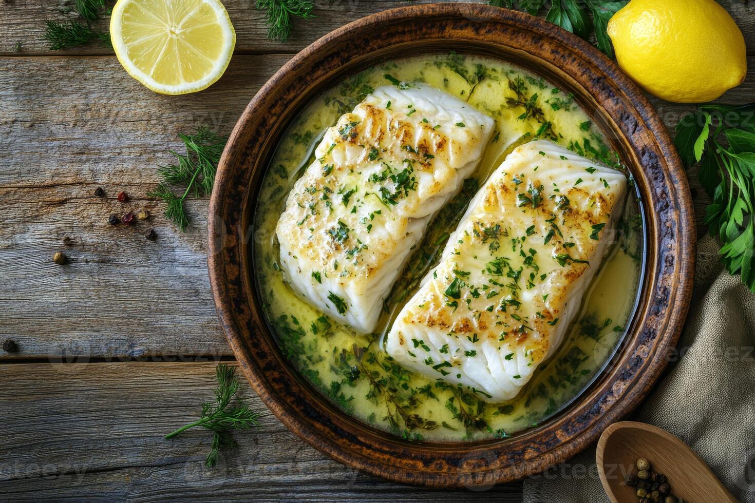 A delectable and inviting top view of beautifully steamed cod fillets that are perfectly garnished with fresh herbs and vibrant lemon slices, making them ideal for healthy and nutritious meals photo