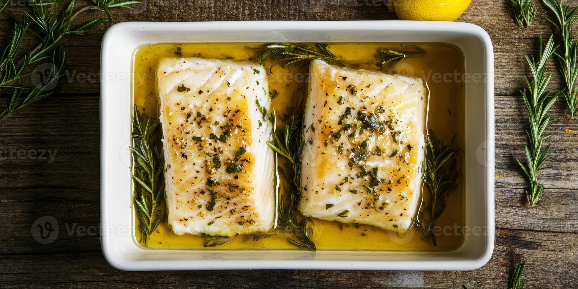 This top view showcases a tender, steamed cod fillet drizzled with fresh herbs and zesty lemon juice in highquality olive oil, highlighting its culinary appeal and health benefits photo