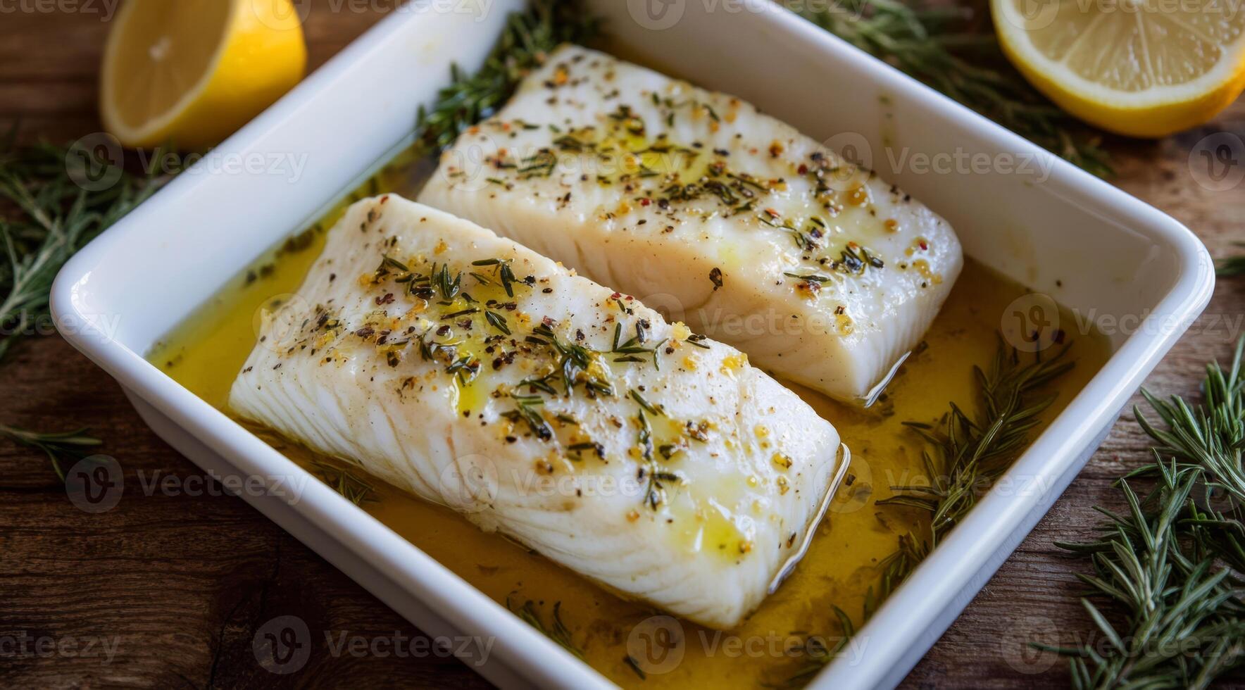 Enjoy a steamed cod fillet drizzled with olive oil, fresh herbs, and zesty lemon juice. This nutritious dish delights the senses with its flavors and elegant presentation, impressing any food lover photo