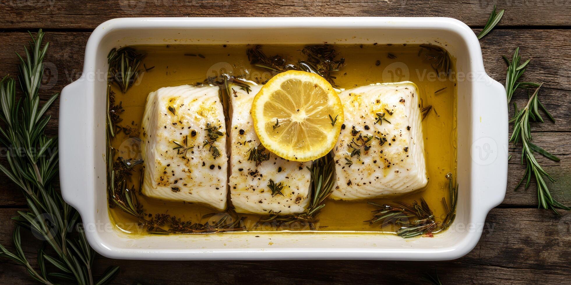 Savor a delicious steamed cod fillet, garnished with lemon slices and fresh herbs, drizzled with quality olive oil. This is a healthy, flavorful seafood option pleasing to the palate and wellbeing photo