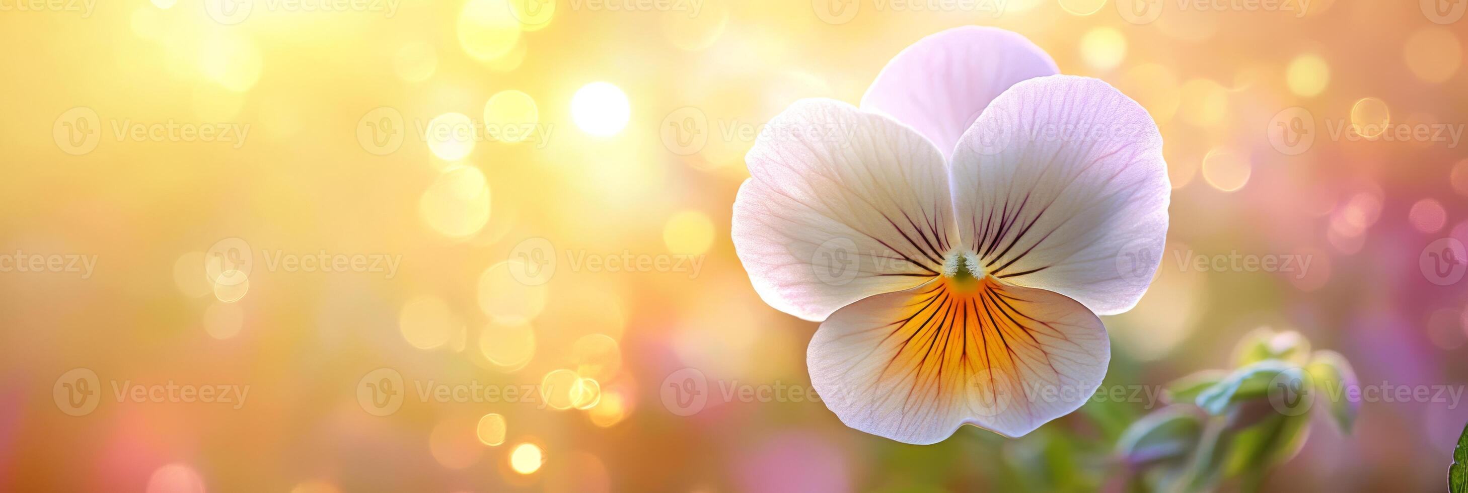 A vibrant pansy blooms in warm sunlight, enhanced by a soft bokeh effect, showcasing its delicate beauty for nature lovers and floral enthusiasts who appreciate such botanical wonders photo