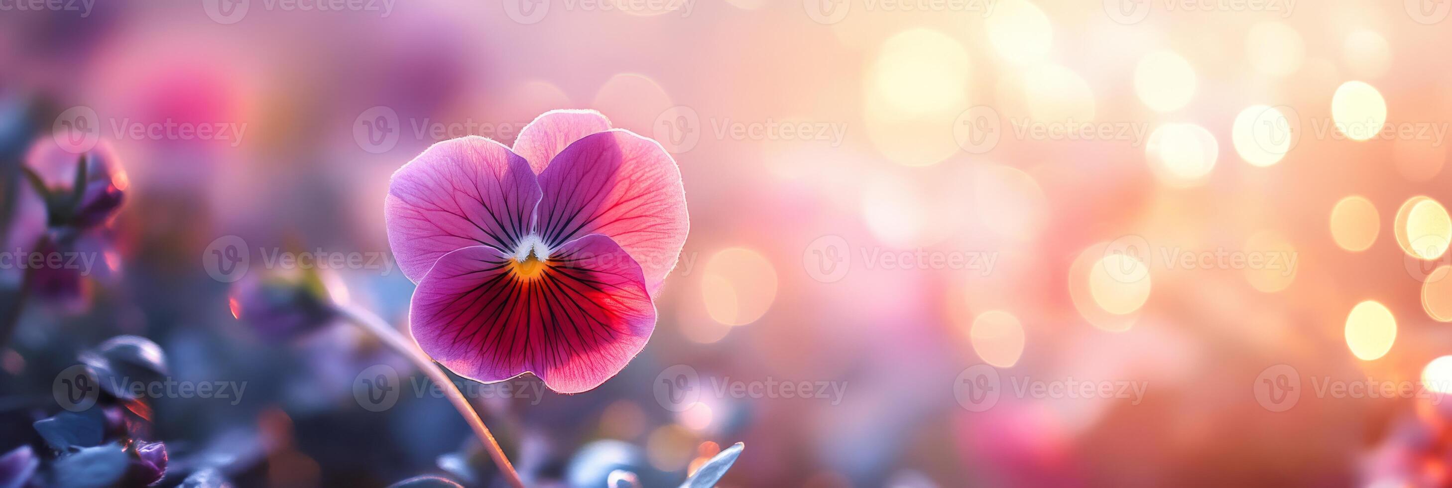 A captivating and beautiful pansy flower stands out splendidly against a dreamy, soft bokeh background, showcasing its vibrant colors and delicate petals that seem to dance in the light photo