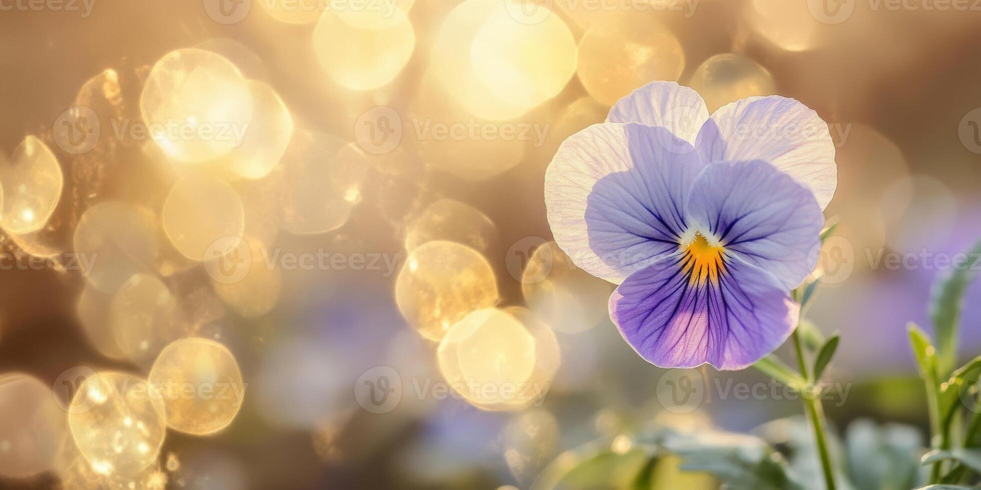 In an intriguing closeup shot of a stunning pansy flower, we can see its beautifully vibrant purple and white petals radiating their soft glow against a whimsical and dreamy bokeh background photo