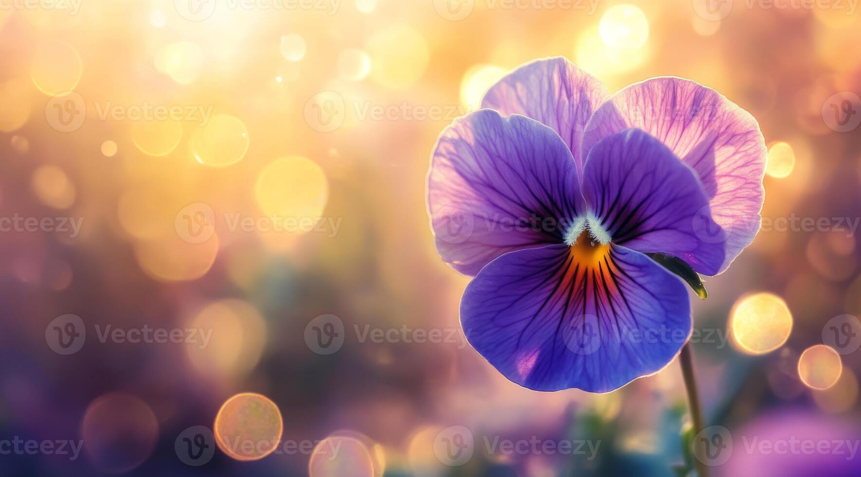 A breathtaking closeup depiction of a beautiful pansy flower, highlighting its vibrant and rich purple petals set against a mesmerizing, glowing background that evokes a dreamlike feeling photo