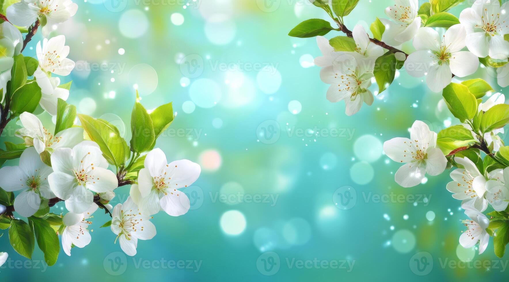 A beautifully serene image showcasing white flowers and lush green leaves set against a dreamy soft blue backdrop photo