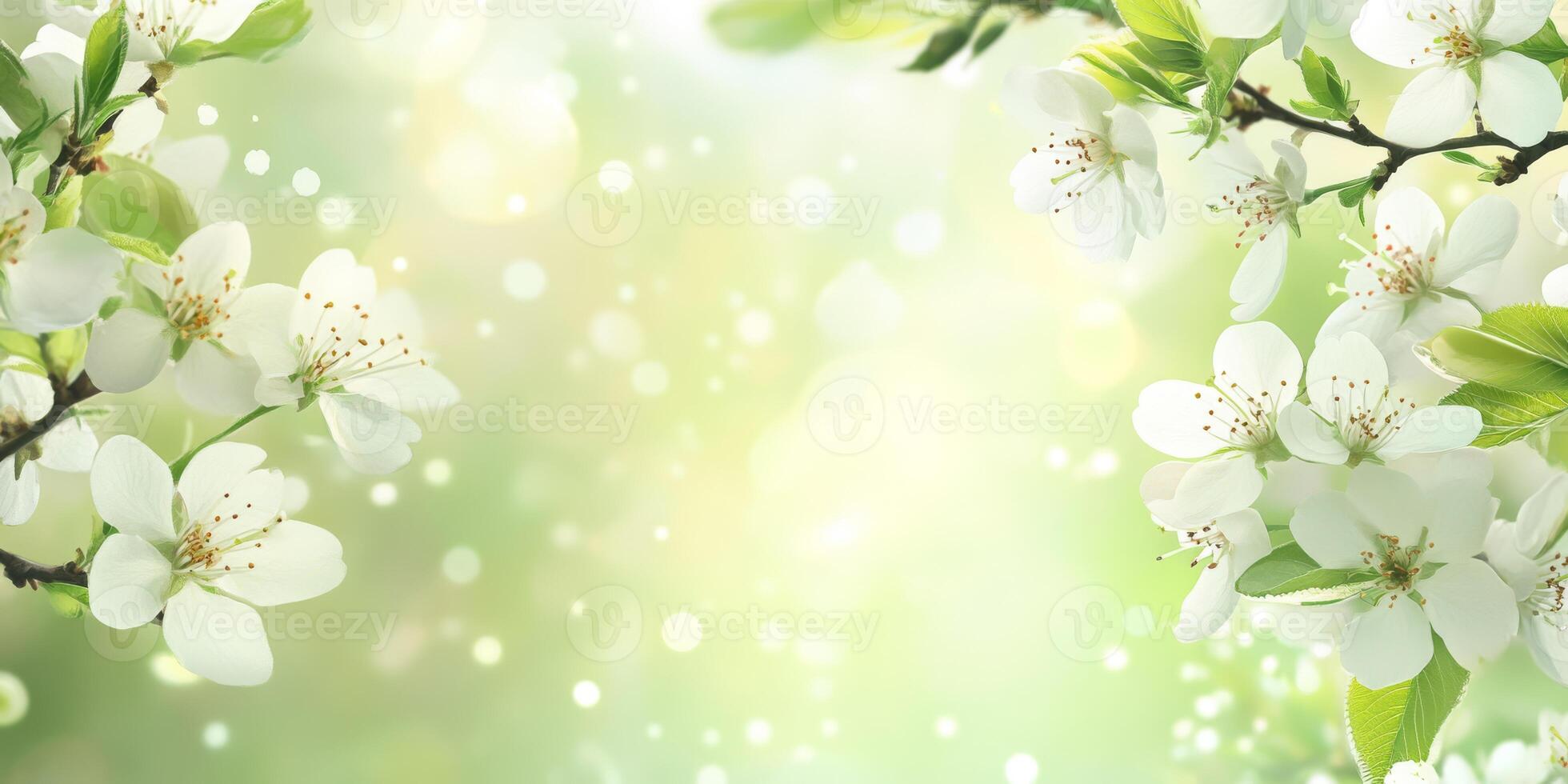 Delicate white blossoms elegantly framed in a serene and soft green setting, complemented by sparkling bokeh photo