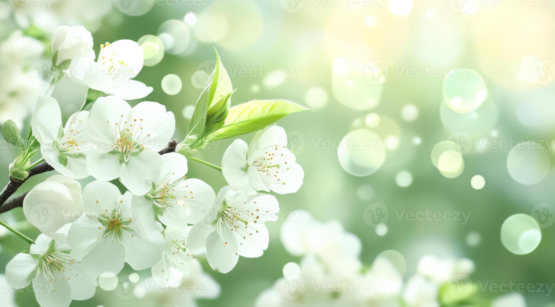 A serene and beautiful image showcasing white flowers blooming radiantly in gentle sunlight, evoking tranquility photo