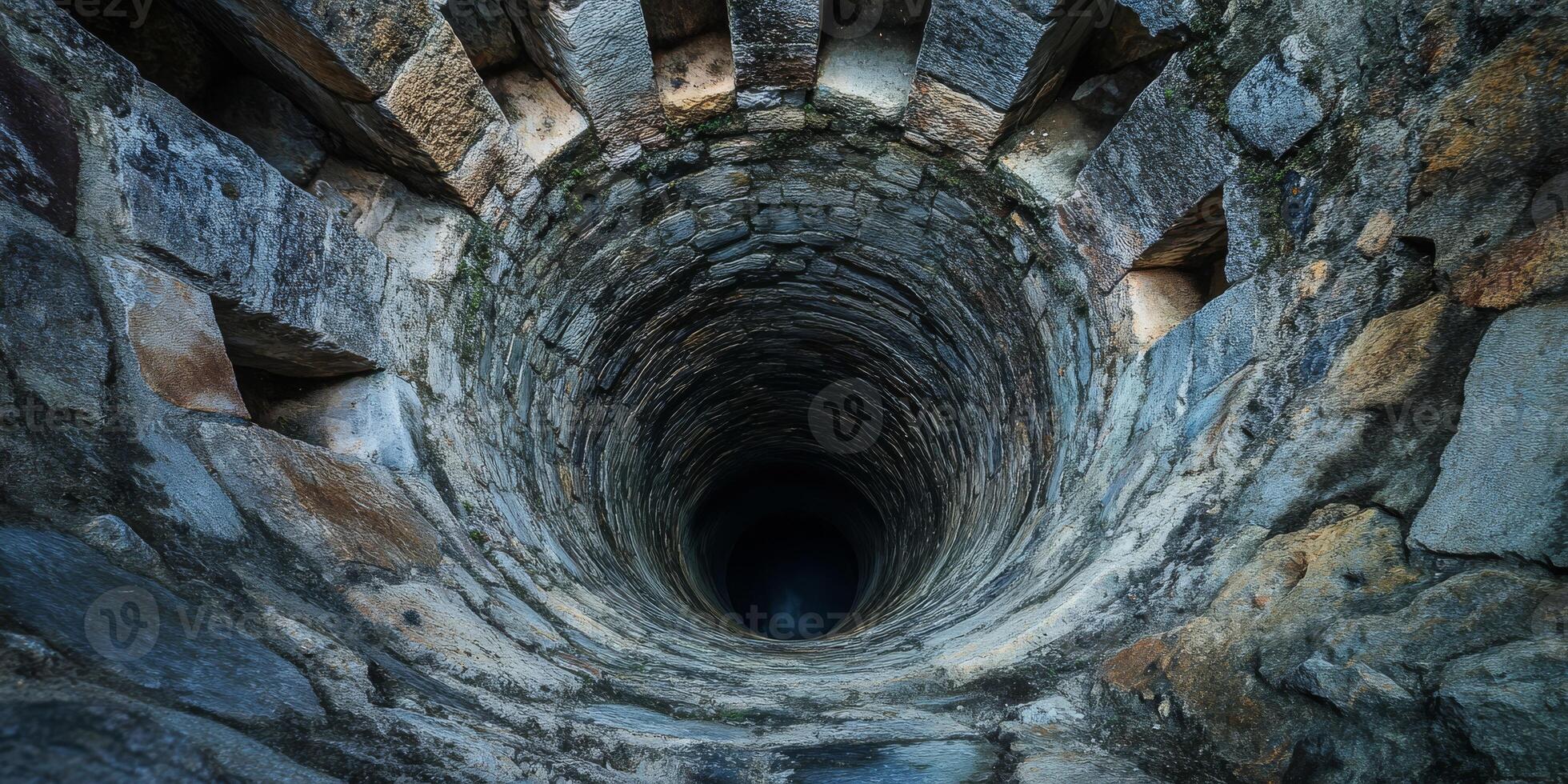 An intriguing and captivating view of a deep stone well, beautifully showcasing its remarkable historical craftsmanship photo