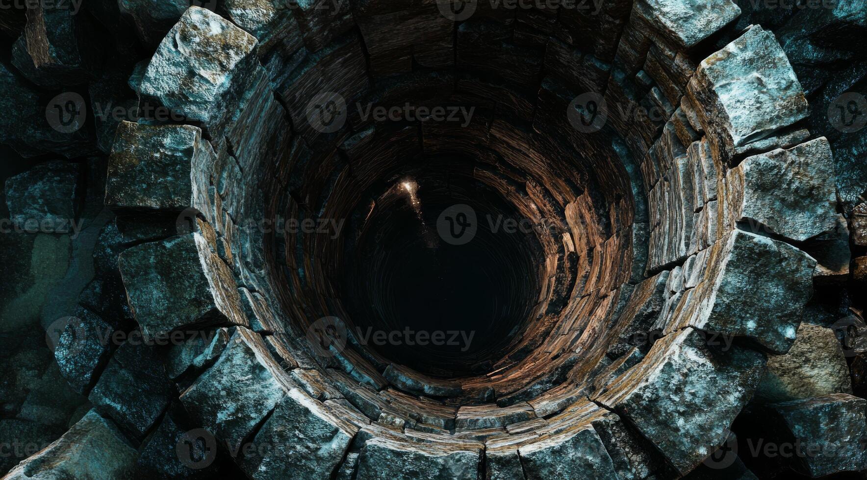 A captivating view into a deep, dark well that is surrounded by beautifully textured stone walls on all sides photo