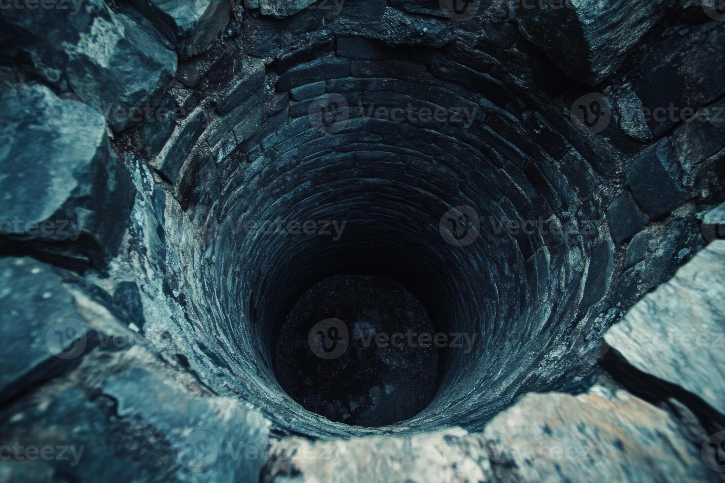 A captivating view into a deeply mysterious stone well, showcasing its enigmatic depths and rugged structure photo