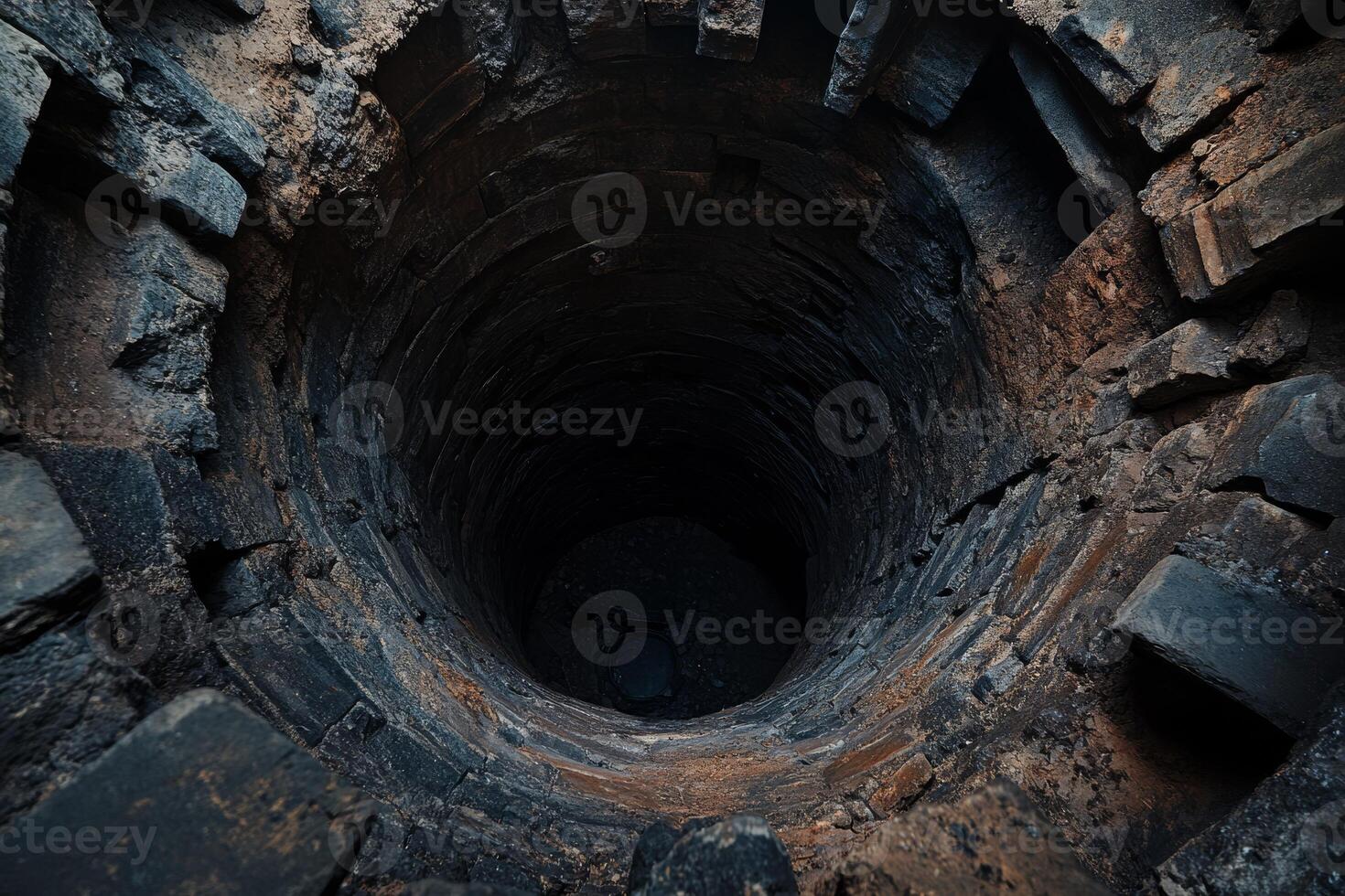 A captivating and picturesque view of a deep stone well, showcasing its intricate patterns and dark, mysterious depths photo
