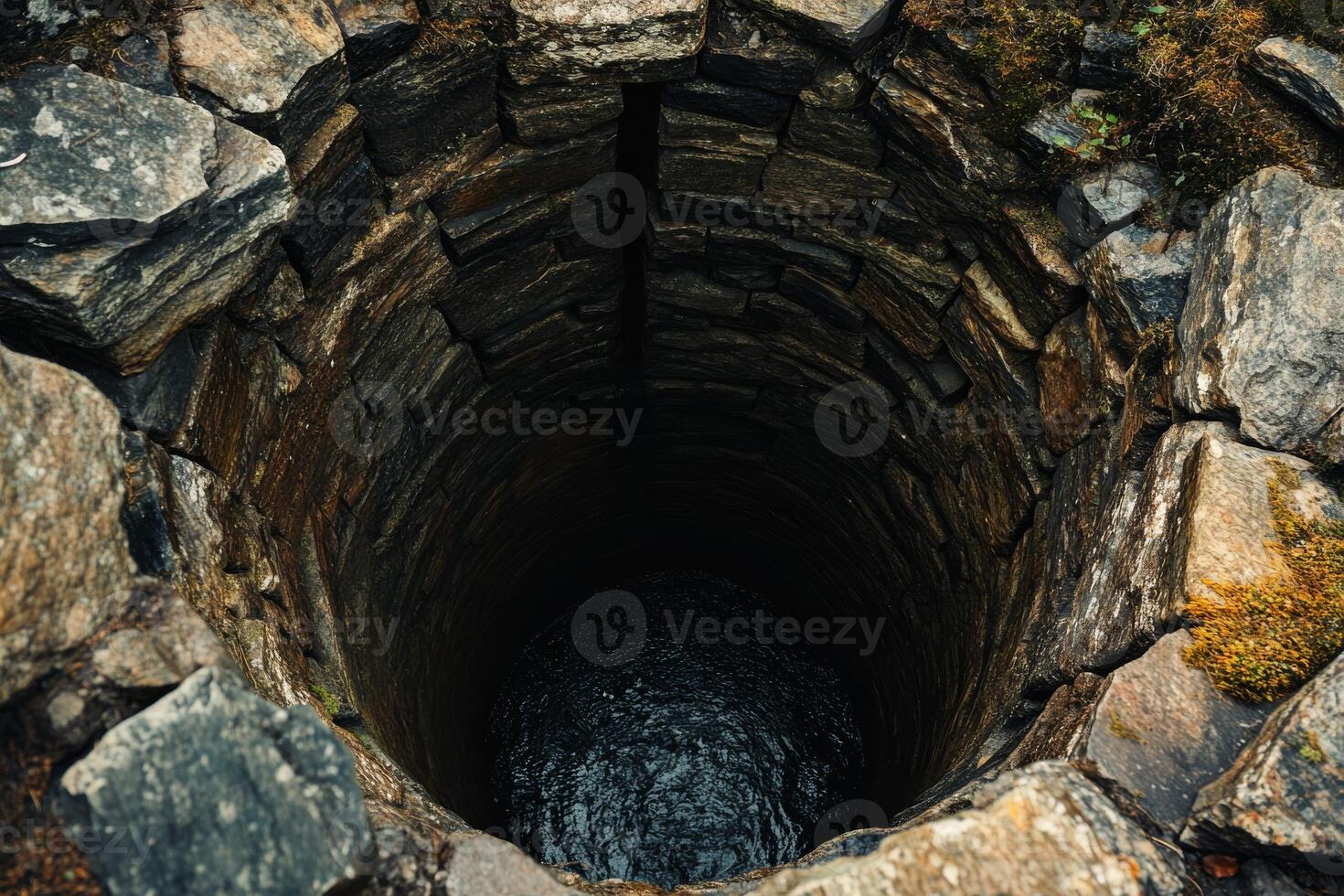 A deep, circular stone well with clear water visible at its bottom, situated in a rugged, natural outdoor environment photo