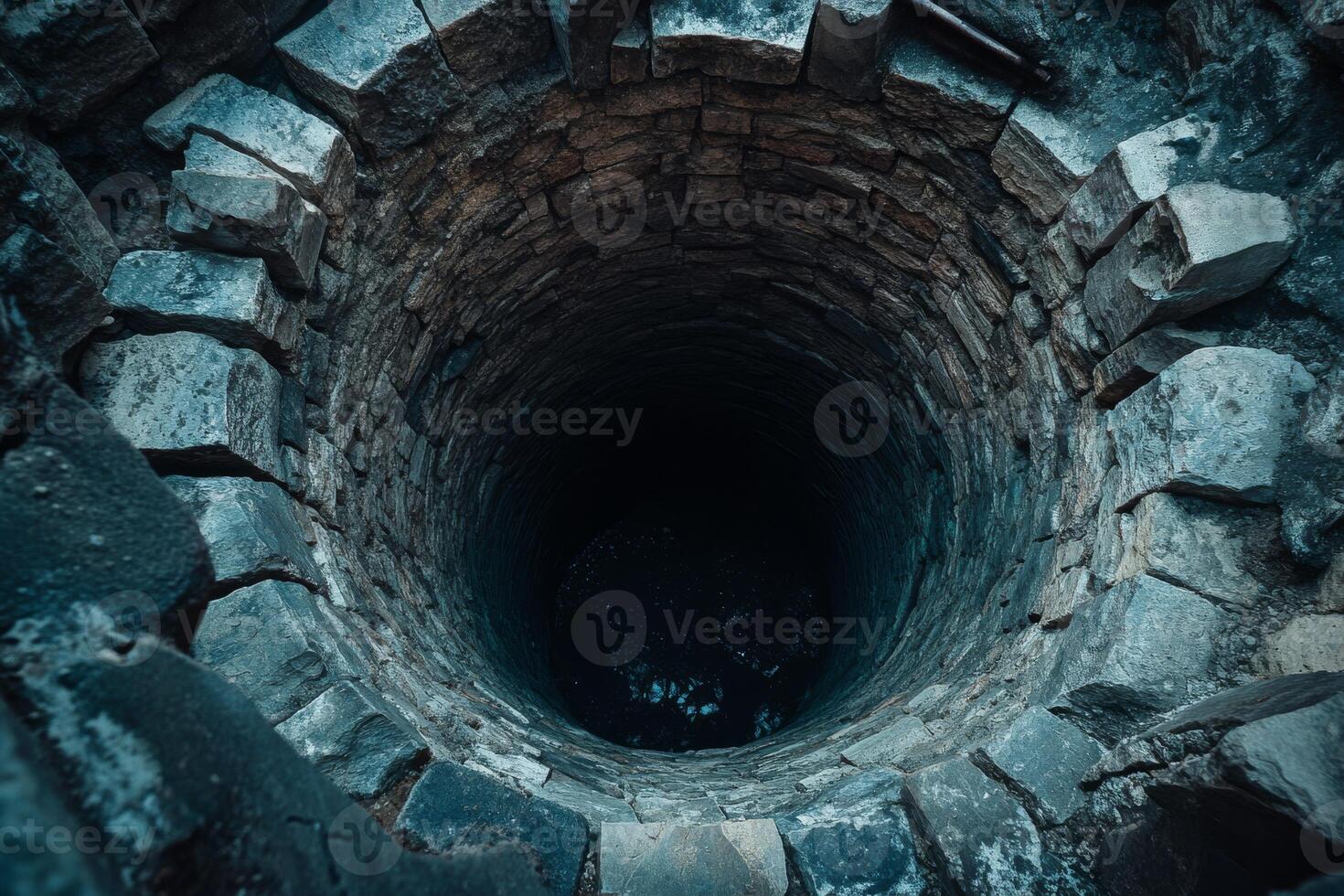 A deep, dark well with very sturdy stone walls, creating an aura that evokes a sense of mystery and great depth photo