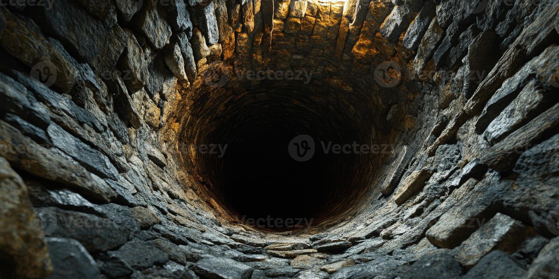 A deep, stonewalled well, brilliantly illuminated from above, creating an eerie yet truly intriguing atmosphere photo